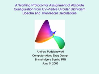 A Working Protocol for Assignment of AbsoluteA Working Protocol for Assignment of Absolute
Configuration from UVConfiguration from UV--Visible CircularVisible Circular DichroismDichroism
Spectra and Theoretical CalculationsSpectra and Theoretical Calculations
Andrew Pudzianowski
Computer-Aided Drug Design
Bristol-Myers Squibb PRI
June 5, 2006
 