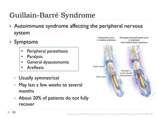 Guillain-Barré Syndrome
18
}  Symptoms
}  Usually symmetrical
}  May last a few weeks to several
months
}  About 20% of patients do not fully
recover
}  Autoimmune syndrome affecting the peripheral nervous
system
•  Peripheral paresthesia
•  Paralysis
•  General dysautonomia
•  Areflexia
http://jama.jamanetwork.com.proxy1.athensams.net/article.aspx?articleid=645193
 