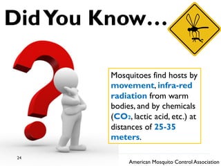 DidYou Know…
Mosquitoes find hosts by
movement, infra-red
radiation from warm
bodies, and by chemicals
(CO2, lactic acid, etc.) at
distances of 25-35
meters.
American Mosquito Control Association
24
 