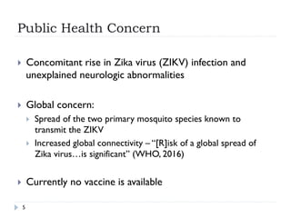 Public Health Concern
}  Concomitant rise in Zika virus (ZIKV) infection and
unexplained neurologic abnormalities
}  Global concern:
}  Spread of the two primary mosquito species known to
transmit the ZIKV
}  Increased global connectivity – “[R]isk of a global spread of
Zika virus…is significant” (WHO, 2016)
}  Currently no vaccine is available
5
 