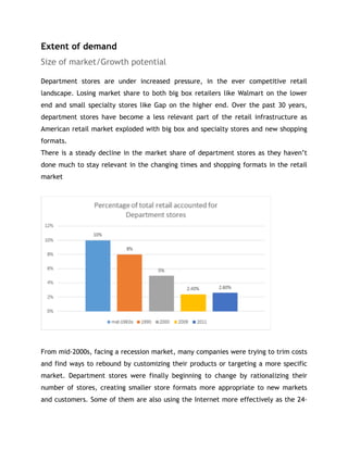 Extent of demand
Size of market/Growth potential
Department stores are under increased pressure, in the ever competitive retail
landscape. Losing market share to both big box retailers like Walmart on the lower
end and small specialty stores like Gap on the higher end. Over the past 30 years,
department stores have become a less relevant part of the retail infrastructure as
American retail market exploded with big box and specialty stores and new shopping
formats.
There is a steady decline in the market share of department stores as they haven’t
done much to stay relevant in the changing times and shopping formats in the retail
market
From mid-2000s, facing a recession market, many companies were trying to trim costs
and find ways to rebound by customizing their products or targeting a more specific
market. Department stores were finally beginning to change by rationalizing their
number of stores, creating smaller store formats more appropriate to new markets
and customers. Some of them are also using the Internet more effectively as the 24-
 