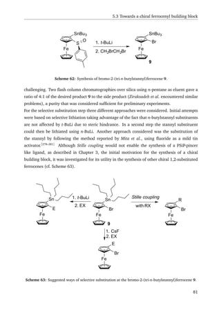 5.3 Towards a chiral ferrocenyl building block
Fe Fe
SnBu3
S
O
SnBu3
Br1. t-BuLi
2. CH2BrCH2Br
9
Scheme 62: Synthesis of bromo-2-(tri-n-butylstannyl)ferrocene 9.
challenging. Two ﬂash column chromatographies over silica using n-pentane as eluent gave a
ratio of 4:1 of the desired product 9 to the side product (Zirakzadeh et al. encountered similar
problems), a purity that was considered sufﬁcient for preliminary experiments.
For the selective substitution step three different approaches were considered. Initial attempts
were based on selective lithiation taking advantage of the fact that n-butylstannyl substituents
are not affected by t-BuLi due to steric hindrance. In a second step the stannyl substituent
could then be lithiated using n-BuLi. Another approach considered was the substitution of
the stannyl by following the method reported by Mita et al., using ﬂuoride as a mild tin
activator.[278–281]
Although Stille coupling would not enable the synthesis of a PSiP-pincer
like ligand, as described in Chapter 3, the initial motivation for the synthesis of a chiral
building block, it was investigated for its utility in the synthesis of other chiral 1,2-substituted
ferrocenes (cf. Scheme 63).
Br
Fe
Sn1. t-BuLi
2. EX
Stille coupling
with RX
1. CsF
2. EX
E
Fe
Sn
Br
Fe
E
Br
Fe
R
9
Scheme 63: Suggested ways of selective substitution at the bromo-2-(tri-n-butylstannyl)ferrocene 9.
81
 