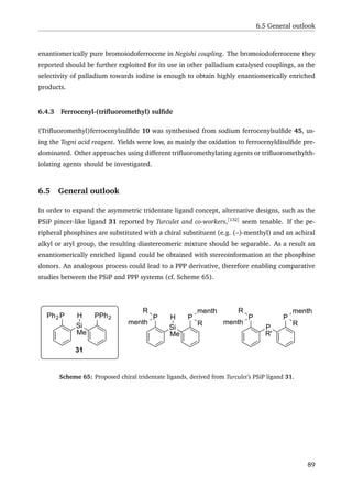 6.5 General outlook
enantiomerically pure bromoiodoferrocene in Negishi coupling. The bromoiodoferrocene they
reported should be further exploited for its use in other palladium catalysed couplings, as the
selectivity of palladium towards iodine is enough to obtain highly enantiomerically enriched
products.
6.4.3 Ferrocenyl-(triﬂuoromethyl) sulﬁde
(Triﬂuoromethyl)ferrocenylsulﬁde 10 was synthesised from sodium ferrocenylsulﬁde 45, us-
ing the Togni acid reagent. Yields were low, as mainly the oxidation to ferrocenyldisulﬁde pre-
dominated. Other approaches using different triﬂuoromethylating agents or triﬂuoromethylth-
iolating agents should be investigated.
6.5 General outlook
In order to expand the asymmetric tridentate ligand concept, alternative designs, such as the
PSiP pincer-like ligand 31 reported by Turculet and co-workers,[132]
seem tenable. If the pe-
ripheral phosphines are substituted with a chiral substituent (e.g. (–)-menthyl) and an achiral
alkyl or aryl group, the resulting diastereomeric mixture should be separable. As a result an
enantiomerically enriched ligand could be obtained with stereoinformation at the phosphine
donors. An analogous process could lead to a PPP derivative, therefore enabling comparative
studies between the PSiP and PPP systems (cf. Scheme 65).
Si
P P
menth
R
R
menth
Me
H
P
P P
menth
R
R
menth
R'
Si
P PPh2
Me
HPh2
31
Scheme 65: Proposed chiral tridentate ligands, derived from Turculet’s PSiP ligand 31.
89
 