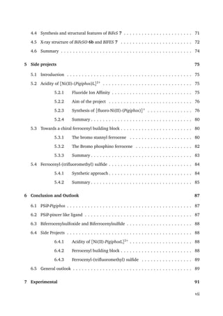 4.4 Synthesis and structural features of BiFeS 7 . . . . . . . . . . . . . . . . . . . . . . . 71
4.5 X-ray structure of BiFeSO 6b and BIFES 7 . . . . . . . . . . . . . . . . . . . . . . . . 72
4.6 Summary . . . . . . . . . . . . . . . . . . . . . . . . . . . . . . . . . . . . . . . . . . . . 74
5 Side projects 75
5.1 Introduction . . . . . . . . . . . . . . . . . . . . . . . . . . . . . . . . . . . . . . . . . . 75
5.2 Acidity of [Ni(II)-(Pigiphos)L]2+
. . . . . . . . . . . . . . . . . . . . . . . . . . . . . . 75
5.2.1 Fluoride Ion Afﬁnity . . . . . . . . . . . . . . . . . . . . . . . . . . . 75
5.2.2 Aim of the project . . . . . . . . . . . . . . . . . . . . . . . . . . . . 76
5.2.3 Synthesis of [ﬂuoro-Ni(II)-(Pigiphos)]+
. . . . . . . . . . . . . . . 76
5.2.4 Summary . . . . . . . . . . . . . . . . . . . . . . . . . . . . . . . . . . 80
5.3 Towards a chiral ferrocenyl building block . . . . . . . . . . . . . . . . . . . . . . . . 80
5.3.1 The bromo stannyl ferrocene . . . . . . . . . . . . . . . . . . . . . 80
5.3.2 The Bromo phosphino ferrocene . . . . . . . . . . . . . . . . . . . 82
5.3.3 Summary . . . . . . . . . . . . . . . . . . . . . . . . . . . . . . . . . . 83
5.4 Ferrocenyl-(triﬂuoromethyl) sulﬁde . . . . . . . . . . . . . . . . . . . . . . . . . . . . 84
5.4.1 Synthetic approach . . . . . . . . . . . . . . . . . . . . . . . . . . . . 84
5.4.2 Summary . . . . . . . . . . . . . . . . . . . . . . . . . . . . . . . . . . 85
6 Conclusion and Outlook 87
6.1 PSiP-Pigiphos . . . . . . . . . . . . . . . . . . . . . . . . . . . . . . . . . . . . . . . . . . 87
6.2 PSiP-pincer like ligand . . . . . . . . . . . . . . . . . . . . . . . . . . . . . . . . . . . . 87
6.3 Biferrocenylsulfoxide and Biferrocenylsulﬁde . . . . . . . . . . . . . . . . . . . . . . 88
6.4 Side Projects . . . . . . . . . . . . . . . . . . . . . . . . . . . . . . . . . . . . . . . . . . 88
6.4.1 Acidity of [Ni(II)-PigiphosL]2+
. . . . . . . . . . . . . . . . . . . . . 88
6.4.2 Ferrocenyl building block . . . . . . . . . . . . . . . . . . . . . . . . 88
6.4.3 Ferrocenyl-(triﬂuoromethyl) sulﬁde . . . . . . . . . . . . . . . . . 89
6.5 General outlook . . . . . . . . . . . . . . . . . . . . . . . . . . . . . . . . . . . . . . . . 89
7 Experimental 91
vii
 