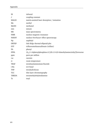 Appendix
IR infrared
J coupling constant
MALDI matrix-assisted laser desorption / ionisation
Me methyl
MeOH methanol
min minute
MS mass spectrometry
NMR nuclear magnetic resonance
NOESY nuclear Overhauser effect spectroscopy
Np naphthyl
ORTEP Oak Ridge thermal ellipsoid plot
OTf triﬂuoromethanesulfonate (triﬂate)
Ph phenyl
PPFA (SFc)-1-diphenylphosphino-2-[(R)-(1-N,N-dimethylamino)ethyl]ferrocene
ppm parts per million
rac racemic
rt room temperature
TBAF tetrabutylammonium ﬂuoride
t-Bu tert-butyl
THF tetrahydrofuran
TLC thin layer chromatography
TMEDA tetramethylethylendiamine
Ts tosyl
xiv
 
