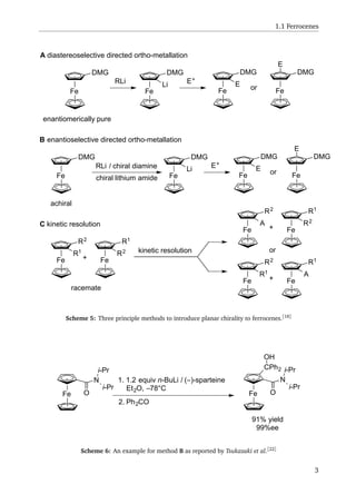 1.1 Ferrocenes
Fe
DMG
A diastereoselective directed ortho-metallation
RLi
Fe
DMG
Li E+
Fe
DMG
Fe
DMG
E
E
or
enantiomerically pure
Fe
DMG
B enantioselective directed ortho-metallation
RLi / chiral diamine
Fe
DMG
Li E+
Fe
DMG
Fe
DMG
E
E
or
achiral
chiral lithium amide
Fe
R2
C kinetic resolution
kinetic resolution
racemate
R1
Fe
R1
R2
+
Fe
R2
A
Fe
R1
R2
+
Fe
R2
R1
Fe
R1
A
+
or
Scheme 5: Three principle methods to introduce planar chirality to ferrocenes.[18]
Fe O
N
i-Pr
i-Pr
1. 1.2 equiv n-BuLi / (–)-sparteine
Et2O, –78°C
2. Ph2CO
Fe O
N
i-Pr
i-Pr
CPh2
OH
91% yield
99%ee
Scheme 6: An example for method B as reported by Tsukazaki et al.[22]
3
 