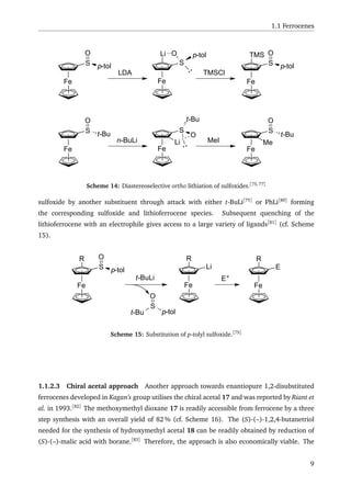 1.1 Ferrocenes
Fe
S p-tol
O
LDA
Fe
S
p-tolOLi
TMSCl
Fe
S p-tol
OTMS
Fe
S t-Bu
O
Fe
S
t-Bu
O
MeI
Fe
S
t-Bu
O
Li Men-BuLi
Scheme 14: Diastereoselective ortho lithiation of sulfoxides.[75,77]
sulfoxide by another substituent through attack with either t-BuLi[75]
or PhLi[80]
forming
the corresponding sulfoxide and lithioferrocene species. Subsequent quenching of the
lithioferrocene with an electrophile gives access to a large variety of ligands[81]
(cf. Scheme
15).
Fe
S p-tol
OR
t-BuLi
t-Bu
S
p-tol
O
Fe
R
Li
E+
Fe
R
E
Scheme 15: Substitution of p-tolyl sulfoxide.[75]
1.1.2.3 Chiral acetal approach Another approach towards enantiopure 1,2-disubstituted
ferrocenes developed in Kagan’s group utilises the chiral acetal 17 and was reported by Riant et
al. in 1993.[82]
The methoxymethyl dioxane 17 is readily accessible from ferrocene by a three
step synthesis with an overall yield of 82 % (cf. Scheme 16). The (S)-(–)-1,2,4-butanetriol
needed for the synthesis of hydroxymethyl acetal 18 can be readily obtained by reduction of
(S)-(–)-malic acid with borane.[83]
Therefore, the approach is also economically viable. The
9
 