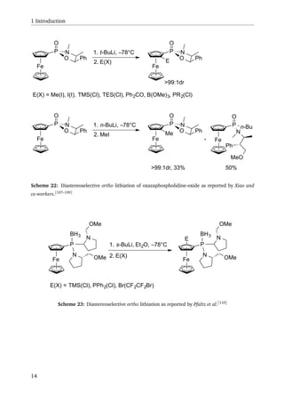 1 Introduction
Fe
P
O
O
N
Ph
1. t-BuLi, –78°C
2. E(X)
E(X) = Me(I), I(I), TMS(Cl), TES(Cl), Ph2CO, B(OMe)3, PR2(Cl)
Fe
P
O
O
N
PhE
>99:1dr
Fe
P
O
O
N
Ph
1. n-BuLi, –78°C
2. MeI
Fe
P
O
O
N
PhMe
>99:1dr, 33%
Fe
P
O
n-Bu
N
MeO
Ph
50%
Scheme 22: Diastereoselective ortho lithiation of oxazaphospholidine-oxide as reported by Xiao and
co-workers.[107–109]
Fe
P
BH3
N
N
OMe
OMe
1. s-BuLi, Et2O, –78°C
2. E(X)
Fe
P
BH3
N
N
OMe
OMe
E
E(X) = TMS(Cl), PPh2(Cl), Br(CF2CF2Br)
Scheme 23: Diastereoselective ortho lithiation as reported by Pfaltz et al.[110]
14
 