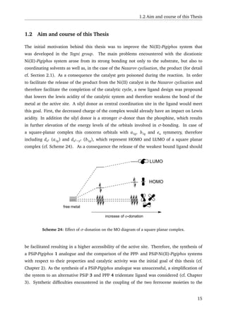1.2 Aim and course of this Thesis
1.2 Aim and course of this Thesis
The initial motivation behind this thesis was to improve the Ni(II)-Pigiphos system that
was developed in the Togni group. The main problems encountered with the dicationic
Ni(II)-Pigiphos system arose from its strong bonding not only to the substrate, but also to
coordinating solvents as well as, in the case of the Nazarov cyclisation, the product (for detail
cf. Section 2.1). As a consequence the catalyst gets poisoned during the reaction. In order
to facilitate the release of the product from the Ni(II) catalyst in the Nazarov cyclisation and
therefore facilitate the completion of the catalytic cycle, a new ligand design was propound
that lowers the lewis acidity of the catalytic system and therefore weakens the bond of the
metal at the active site. A silyl donor as central coordination site in the ligand would meet
this goal. First, the decreased charge of the complex would already have an impact on Lewis
acidity. In addition the silyl donor is a stronger σ-donor than the phosphine, which results
in further elevation of the energy levels of the orbitals involved in σ-bonding. In case of
a square-planar complex this concerns orbitals with a1g, b1g and eu symmetry, therefore
including dz2 (a1g) and dx2−y2 (b1g), which represent HOMO and LUMO of a square planar
complex (cf. Scheme 24). As a consequence the release of the weakest bound ligand should
HOMO
LUMO
increase of σ-donation
free metal
Scheme 24: Effect of σ-donation on the MO diagram of a square planar complex.
be facilitated resulting in a higher accessibility of the active site. Therefore, the synthesis of
a PSiP-Pigiphos 1 analogue and the comparison of the PPP- and PSiP-Ni(II)-Pigiphos systems
with respect to their properties and catalytic activity was the initial goal of this thesis (cf.
Chapter 2). As the synthesis of a PSiP-Pigiphos analogue was unsuccessful, a simpliﬁcation of
the system to an alternative PSiP 3 and PPP 4 tridentate ligand was considered (cf. Chapter
3). Synthetic difﬁculties encountered in the coupling of the two ferrocene moieties to the
15
 