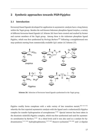 2 Synthetic approaches towards PSiP-Pigiphos
2.1 Introduction
Ferrocenyl-based ligands developed for application in asymmetric catalysis have a long history
within the Togni group. Besides the well-known bidentate phosphine ligand Josiphos, a variety
of different ferrocene-based ligands (cf. Scheme 26) have been created and studied by former
and current members of the Togni group. Among these is the tridentate phosphine ligand
Pigiphos, which was ﬁrst synthesised by Pierluigi Barbaro[60]
following a straightforward two
step synthesis starting from commercially available Ugi’s amine (cf. Scheme 27).
Fe
N
N
R'
R''
PPh2
Fe
P
Fe
PPh2 Ph2P
Cy
Fe
Fe
N N
H
Fe
PCy2
PPh2
Fe
FeP
Cy
Josiphos
Pigiphos
Scheme 26: Selection of ferrocene based ligands synthesised in the Togni group.
Pigiphos readily forms complexes with a wide variety of late transition metals,[60,112–115]
whereby the ﬁrst reported asymmetric catalysis with the ligand used a ruthenium(II)-Pigiphos
complex for transfer hydrogenation of acetophenone.[112]
Special interest has been taken in
the dicationic nickel(II)-Pigiphos complex, which was ﬁrst synthesised and used for asymmet-
ric acetalisation by Barbaro.[113]
As a chiral lewis acid it was also used as a catalyst for hy-
droamination,[111,116]
hydrophosphination,[117,118]
Nazarov-cyclisation[119,120]
and 1,3-dipolar
17
 