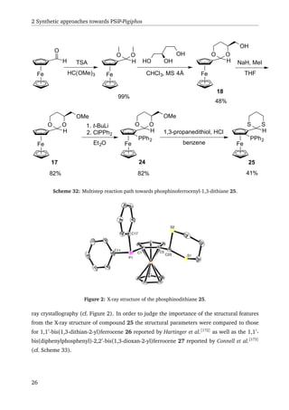 2 Synthetic approaches towards PSiP-Pigiphos
Fe
O
H TSA
HC(OMe)3 Fe
H
O O
CHCl3, MS 4Å
HO OH
OH
Fe
H
O O
OH
NaH, MeI
THF
Fe
H
O O
OMe
1. t-BuLi
2. ClPPh2
Et2O Fe
H
O O
OMe
PPh2
1,3-propanedithiol, HCl
benzene Fe
H
S S
PPh2
99%
48%
82%82% 41%
25
18
17 24
Scheme 32: Multistep reaction path towards phosphinoferrocenyl-1,3-dithiane 25.
P1
C17
C11
C1 C5
S2
S1C23
Figure 2: X-ray structure of the phosphinodithiane 25.
ray crystallography (cf. Figure 2). In order to judge the importance of the structural features
from the X-ray structure of compound 25 the structural parameters were compared to those
for 1,1 -bis(1,3-dithian-2-yl)ferrocene 26 reported by Hartinger et al.[172]
as well as the 1,1 -
bis(diphenylphosphenyl)-2,2 -bis(1,3-dioxan-2-yl)ferrocene 27 reported by Connell et al.[173]
(cf. Scheme 33).
26
 