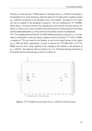 2.3 Synthetic Results
Therefore, it seems that the 31
P-NMR signal at δ 30.4 ppm with JPtP = 1560 Hz corresponds to
the phosphine trans to the silyl group, while the signal at δ 14.1 ppm with a coupling constant
JPtP = 2487 Hz corresponds to the phosphine trans to the hydride. The signal at δ 14.1 ppm
can thus be assigned to the phosphine in ligand 2. This was conﬁrmed by 1
H–31
P-HMBC,
which shows a correlation between that phosphorous centre and the ferrocene protons (cf.
Figure 3). There is also a clear correlation observed between the methyl groups on the silicon
and the triphenylphosphine, as well as between the hydride and the two phosphines.
29
Si–195
Pt coupling extracted from the 29
Si-INEPT-NMR spectrum has a value of JSiPt = 1114 Hz,
which is comparable to values for similar complexes found in literature.[138]
In the 1
H-NMR,
a coupling to 195
Pt was found for the hydride, as well as the methyl groups on the silicon
(JPtH = 1065 and 40 Hz, respectively). In order to measure the 195
Pt-NMR shift, a 1
H–195
Pt-
HMQC was run with a delay adjusted to the coupling of the hydride to the platinum of
JPtH = 1065 Hz. The platinum shift was found to be at δ –5235 ppm showing correlation to
the hydride and the methyl groups on silicon (cf. Figure 4).
-0.50.00.51.01.52.0 -1.5 -2.0 -2.5 -3.0 -3.5 -4.0 ppm
-5400
-5380
-5360
-5340
-5320
-5300
-5280
-5260
-5240
-5220
-5200
-5180
-5160
-5140
-5120
-5100
-5080
-5060
-1.0
ppm
A
A
A
A
A
A
A
A
B B
B B
B B
B B
A: 195
Pt–hydride cross-peaks B: 195
Pt–Si(CH3
)2
cross-peaks
Figure 4: 1
H–195
Pt-HMQC spectrum (delay set fot J = 1065 Hz) of Pt(II)-2 complex.
33
 