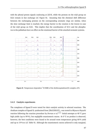 3.4 The sulfoxophosphine ligand 5
with the phenyl proton signals coalescing at 223 K, while the protons on the tolyl group on
S(2) remain in fast exchange (cf. Figure 8). Assuming that the chemical shift difference
between the exchanging protons on the corresponding aromatic rings are similar, when
the slow exchange limit is reached, the energy barrier to the rotation is the lowest in case
of the tolyl group on S(2). This implies that the coordination of S(1) and the phospho-
rus to the palladium have an effect on the rotational barrier of the attached aromatic systems.
7.07.58.08.5
223
233
243
253
263
273
283
293
303
ppm
T/KS(1) P(1) S(2) P(1) S(1) S(2)
Figure 8: Temperature dependent 1
H-NMR of the dichloropaladium(II) complex of 5.
3.4.3 Catalytic experiments
The complexes of ligand 5 were tested for their catalytic activity in selected reactions. The
rhodium complex of ligand 5, synthesised from [Rh(COD)Cl]2, was tested in Miyaura-Hayashi
reaction following the reaction procedure by Dornan et al.[215]
Initial attempts at 40 ◦
C gave
high yields (up to 99 %), but negligible enantiomeric excess. At 0 ◦
C no product is observed,
however, the best conditions were found to be around room temperature giving 60 % yield
and up to 19 % ee (cf. Table 9). Although the enantiomeric excess achieved is only marginal,
47
 