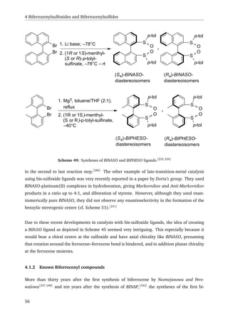 4 Biferrocenylsulfoxides and Biferrocenylsulﬁdes
Br
Br
1. Li base; –78°C
2. (1R or 1S)-menthyl-
(S or R)-p-tolyl-
sulfinate, –78°C – rt
S
S
O
p-tol
O
p-tol
S
S
O
p-tol
O
p-tol
(Sa)-BINASO-
diastereoisomers
(Ra)-BINASO-
diastereoisomers
Br
Br
1. Mg0, toluene/THF (2:1),
reflux
2. (1R or 1S )-menthyl-
(S or R)-p-tolyl-sulfinate,
–40°C
S
S
O
O
p-tol
p-tol
S
S
O
O
p-tol
p-tol
(Sa)-BIPHESO-
diastereoisomers
(Ra)-BIPHESO-
diastereoisomers
Scheme 49: Syntheses of BINASO and BIPHESO ligands.[233,236]
in the second to last reaction step.[246]
The other example of late-transition-metal catalysis
using bis-sulfoxide ligands was very recently reported in a paper by Dorta’s group. They used
BINASO-platinum(II) complexes in hydroboration, giving Markovnikov and Anti-Markovnikov
products in a ratio up to 4:1, and diboration of styrene. However, although they used enan-
tiomerically pure BINASO, they did not observe any enantioselectivity in the formation of the
benzylic stereogenic centre (cf. Scheme 51).[241]
Due to these recent developments in catalysis with bis-sulfoxide ligands, the idea of creating
a BiFeSO ligand as depicted in Scheme 45 seemed very intriguing. This especially because it
would bear a chiral centre at the sulfoxide and have axial chirality like BINASO, presuming
that rotation around the ferrocene–ferrocene bond is hindered, and in addition planar chirality
at the ferrocene moieties.
4.1.2 Known Biferrocenyl compounds
More than thirty years after the ﬁrst synthesis of biferrocene by Nesmejanowa and Pere-
walowa[247,248]
and ten years after the synthesis of BINAP,[242]
the syntheses of the ﬁrst bi-
56
 