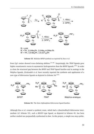 4.1 Introduction
Fe
I
S
R
O
Fe
Fe
S
S
O
O
R RCu 1. t-BuLi
2. ClPR'2
Fe
Fe
S
R'2P
O
R 1. t-BuLi
2. ClPR''2
Fe
Fe
PR''2
R'2P
R = p-tol
R' = Ph, 3,5-Me2Ph, 3,5-Me2-4-OMe-Ph
R'' = Ph, 3,5-Me2Ph, 3,5-(CF3)2Ph
Scheme 53: Modular BIFEP-synthesis as reported by Xiao et al.
from Ugi’s amine showed trans-chelating abilities.[67,68]
Surprisingly, the TRAP ligands gave
higher enantiomeric excess in asymmetric hydrogenation than the BIFEP ligands.[252]
In order
to close the structural gap between the BIFEP and TRAP ligand families and in analogy to the
Walphos ligands, Zirakzadeh et al. have recently reported the synthesis and application of a
new type of biferrocene ligands as depicted in Scheme 54.[253]
Fe
Fe
PR2
R2P
Fe
Fe
R2P
Me
H
Me
PR2
Fe
Fe
PR2
R2P
Me
H
BIFEP TRAP Walphos-analogue
Scheme 54: The three diphosphino-biferrocene ligand families.
Although Xiao et al. created a synthetic route, which had a (diarylsulﬁnyl)-biferrocene inter-
mediate (cf. Scheme 53), such a BiFeSO type ligand, as depicted in Scheme 45, has been
neither studied nor purposefully synthesised to date. In this project, a simple two step synthe-
59
 