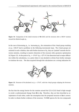 4.3 Computational experiments with regard to the rotational barrier of BiFeSO 6
Figure 14: Comparison of the initial structure of 6b (left) and the structure after a 360.0° rotation
around the dihedral angle φ1.
In the case of decreasing φ1, i.e. increasing φ2, the orientation of the t-butyl group resulting
at φ2 = 185.0° lead to problems in the following incremental steps. The t-butyl groups are
oriented in such a fashion, that with further decrease of φ1 they are "pushed" towards the fer-
rocene moieties, resulting in massive distortion of the structure after geometry optimisation
(cf. Figure 15). At the point of φ1 = –174.9° (φ2 = 277.4°) the distortion lead to major difﬁcul-
ties within the calculations, to a point where it was decided to refrain from further attempts
to continue the scan. The data acquired through this calculations are a strong indication for
Figure 15: Structure of 6 calculated at φ1 = –174.9°, with the t-butyl groups eclipsing the ferrocene
moieties.
the fact that the energy barrier for the rotation around the C(1)–C(15) bond is high enough
to avoid a conformational change from 6b to 6a. Therefore, they are best described as at-
ropisomers of each other, under the assumption that the proposed structure of 6a is correct.
In order to obtain further evidence of the structure, 1
H-NMR spectra for the two compounds
69
 