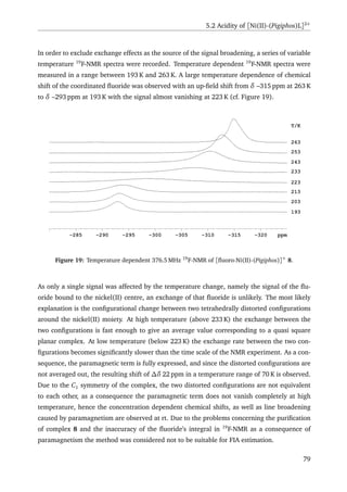 5.2 Acidity of [Ni(II)-(Pigiphos)L]2+
In order to exclude exchange effects as the source of the signal broadening, a series of variable
temperature 19
F-NMR spectra were recorded. Temperature dependent 19
F-NMR spectra were
measured in a range between 193 K and 263 K. A large temperature dependence of chemical
shift of the coordinated ﬂuoride was observed with an up-ﬁeld shift from δ –315 ppm at 263 K
to δ –293 ppm at 193 K with the signal almost vanishing at 223 K (cf. Figure 19).
−285 −290 −295 −300 −305 −310 −315 −320 ppm
223
213
203
193
233
263
253
243
T/K
Figure 19: Temperature dependent 376.5 MHz 19
F-NMR of [ﬂuoro-Ni(II)-(Pigiphos)]+
8.
As only a single signal was affected by the temperature change, namely the signal of the ﬂu-
oride bound to the nickel(II) centre, an exchange of that ﬂuoride is unlikely. The most likely
explanation is the conﬁgurational change between two tetrahedrally distorted conﬁgurations
around the nickel(II) moiety. At high temperature (above 233 K) the exchange between the
two conﬁgurations is fast enough to give an average value corresponding to a quasi square
planar complex. At low temperature (below 223 K) the exchange rate between the two con-
ﬁgurations becomes signiﬁcantly slower than the time scale of the NMR experiment. As a con-
sequence, the paramagnetic term is fully expressed, and since the distorted conﬁgurations are
not averaged out, the resulting shift of ∆δ 22 ppm in a temperature range of 70 K is observed.
Due to the C1 symmetry of the complex, the two distorted conﬁgurations are not equivalent
to each other, as a consequence the paramagnetic term does not vanish completely at high
temperature, hence the concentration dependent chemical shifts, as well as line broadening
caused by paramagnetism are observed at rt. Due to the problems concerning the puriﬁcation
of complex 8 and the inaccuracy of the ﬂuoride’s integral in 19
F-NMR as a consequence of
paramagnetism the method was considered not to be suitable for FIA estimation.
79
 