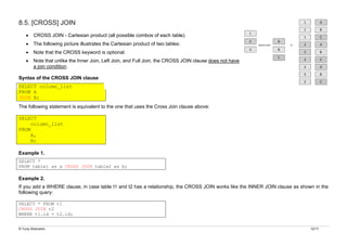 © Yuriy Shamshin 12/17
8.5. [CROSS] JOIN
• CROSS JOIN - Cartesian product (all possible combos of each table).
• The following picture illustrates the Cartesian product of two tables:
• Note that the CROSS keyword is optional.
• Note that unlike the Inner Join, Left Join, and Full Join, the CROSS JOIN clause does not have
a join condition.
Syntax of the CROSS JOIN clause
SELECT column_list
FROM A
JOIN B;
The following statement is equivalent to the one that uses the Cross Join clause above:
SELECT
column_list
FROM
A,
B;
Example 1.
SELECT *
FROM table1 as a CROSS JOIN table2 as b;
Example 2.
If you add a WHERE clause, in case table t1 and t2 has a relationship, the CROSS JOIN works like the INNER JOIN clause as shown in the
following query:
SELECT * FROM t1
CROSS JOIN t2
WHERE t1.id = t2.id;
 