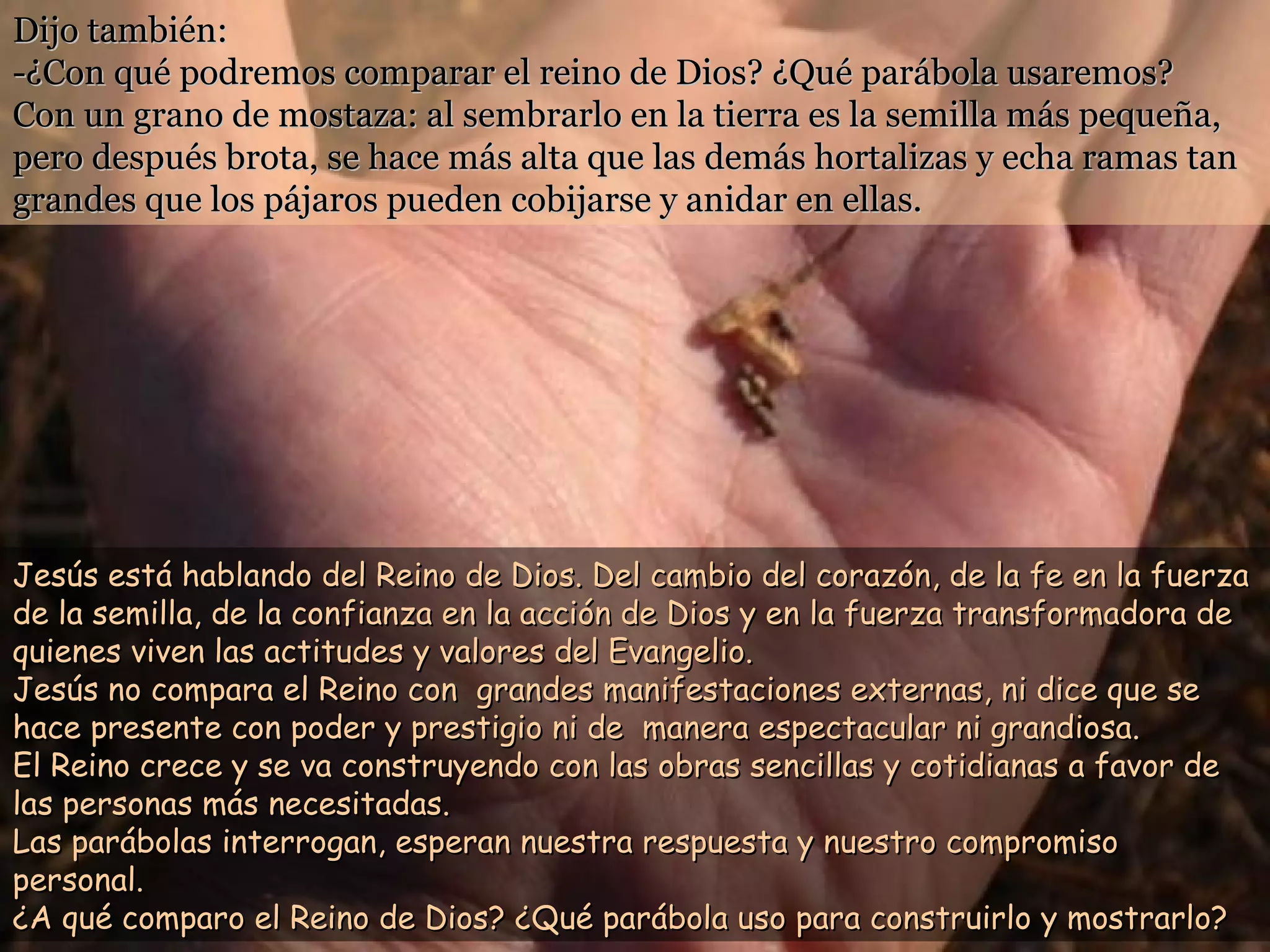 Dijo también:
-¿Con qué podremos comparar el reino de Dios? ¿Qué parábola usaremos?
Con un grano de mostaza: al sembrarlo en la tierra es la semilla más pequeña,
pero después brota, se hace más alta que las demás hortalizas y echa ramas tan
grandes que los pájaros pueden cobijarse y anidar en ellas.




Jesús está hablando del Reino de Dios. Del cambio del corazón, de la fe en la fuerza
de la semilla, de la confianza en la acción de Dios y en la fuerza transformadora de
quienes viven las actitudes y valores del Evangelio.
Jesús no compara el Reino con grandes manifestaciones externas, ni dice que se
hace presente con poder y prestigio ni de manera espectacular ni grandiosa.
El Reino crece y se va construyendo con las obras sencillas y cotidianas a favor de
las personas más necesitadas.
Las parábolas interrogan, esperan nuestra respuesta y nuestro compromiso
personal.
¿A qué comparo el Reino de Dios? ¿Qué parábola uso para construirlo y mostrarlo?
 