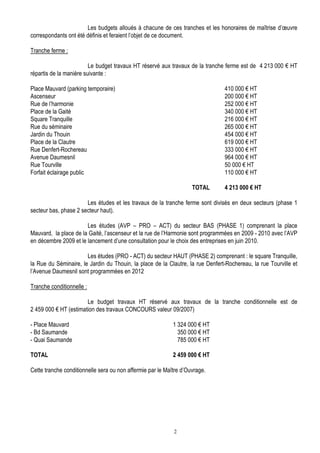 Les budgets alloués à chacune de ces tranches et les honoraires de maîtrise d’œuvre
correspondants ont été définis et feraient l’objet de ce document.

Tranche ferme :

                         Le budget travaux HT réservé aux travaux de la tranche ferme est de 4 213 000 € HT
répartis de la manière suivante :

Place Mauvard (parking temporaire)                                              410 000 € HT
Ascenseur                                                                       200 000 € HT
Rue de l’harmonie                                                               252 000 € HT
Place de la Gaité                                                               340 000 € HT
Square Tranquille                                                               216 000 € HT
Rue du séminaire                                                                265 000 € HT
Jardin du Thouin                                                                454 000 € HT
Place de la Clautre                                                             619 000 € HT
Rue Denfert-Rochereau                                                           333 000 € HT
Avenue Daumesnil                                                                964 000 € HT
Rue Tourville                                                                   50 000 € HT
Forfait éclairage public                                                        110 000 € HT

                                                                    TOTAL       4 213 000 € HT

                       Les études et les travaux de la tranche ferme sont divisés en deux secteurs (phase 1
secteur bas, phase 2 secteur haut).

                       Les études (AVP – PRO – ACT) du secteur BAS (PHASE 1) comprenant la place
Mauvard, la place de la Gaité, l’ascenseur et la rue de l’Harmonie sont programmées en 2009 - 2010 avec l’AVP
en décembre 2009 et le lancement d’une consultation pour le choix des entreprises en juin 2010.

                       Les études (PRO - ACT) du secteur HAUT (PHASE 2) comprenant : le square Tranquille,
la Rue du Séminaire, le Jardin du Thouin, la place de la Clautre, la rue Denfert-Rochereau, la rue Tourville et
l’Avenue Daumesnil sont programmées en 2012

Tranche conditionnelle :

                       Le budget travaux HT réservé aux travaux de la tranche conditionnelle est de
2 459 000 € HT (estimation des travaux CONCOURS valeur 09/2007)

- Place Mauvard                                             1 324 000 € HT
- Bd Saumande                                                 350 000 € HT
- Quai Saumande                                               785 000 € HT

TOTAL                                                       2 459 000 € HT

Cette tranche conditionnelle sera ou non affermie par le Maître d’Ouvrage.




                                                            2
 