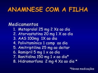 Medicamentos
1. Metoprolol 25 mg 2 Xs ao dia
2. Atorvastatina 20 mg 1 X ao dia
3. AAS 100mg 1X ao dia
4. Polivitamínico 1 comp ao dia
5. Amitriptilina 25 mg ao deitar
6. Ramipril 5 mg 1 x ao dia
7. Ranitidina 150 mg 1 x ao dia*
8. Hidromorfona 2 mg 4 Xs ao dia *
*Novas medicações
ANAMNESE COM A FILHA
 