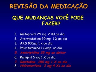 REVISÃO DA MEDICAÇÃO
QUE MUDANÇAS VOCÊ PODE
FAZER?
1. Metoprolol 25 mg 2 Xs ao dia
2. Atorvastatina 20 mg 1 X ao dia
3. AAS 100mg 1 x ao dia
4. Polivitamínico 1 Comp ao dia
5. Amitriptilina 25 mg ao deitar
6. Ramipril 5 mg 1 X ao dia
7. Ranitidina 150 mg 1 X ao dia
8. Hidromorfona 2 mg 4 Xs ao dia
 