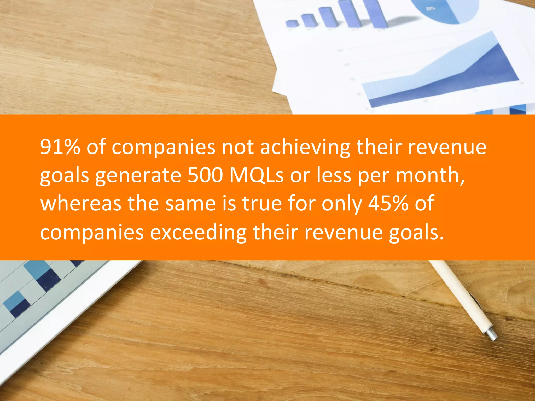 91%	
  of	
  companies	
  not	
  achieving	
  their	
  revenue	
  
goals	
  generate	
  500	
  MQLs	
  or	
  less	
  per	
  month,	
  
whereas	
  the	
  same	
  is	
  true	
  for	
  only	
  45%	
  of	
  
companies	
  exceeding	
  their	
  revenue	
  goals.	
  	
  
 