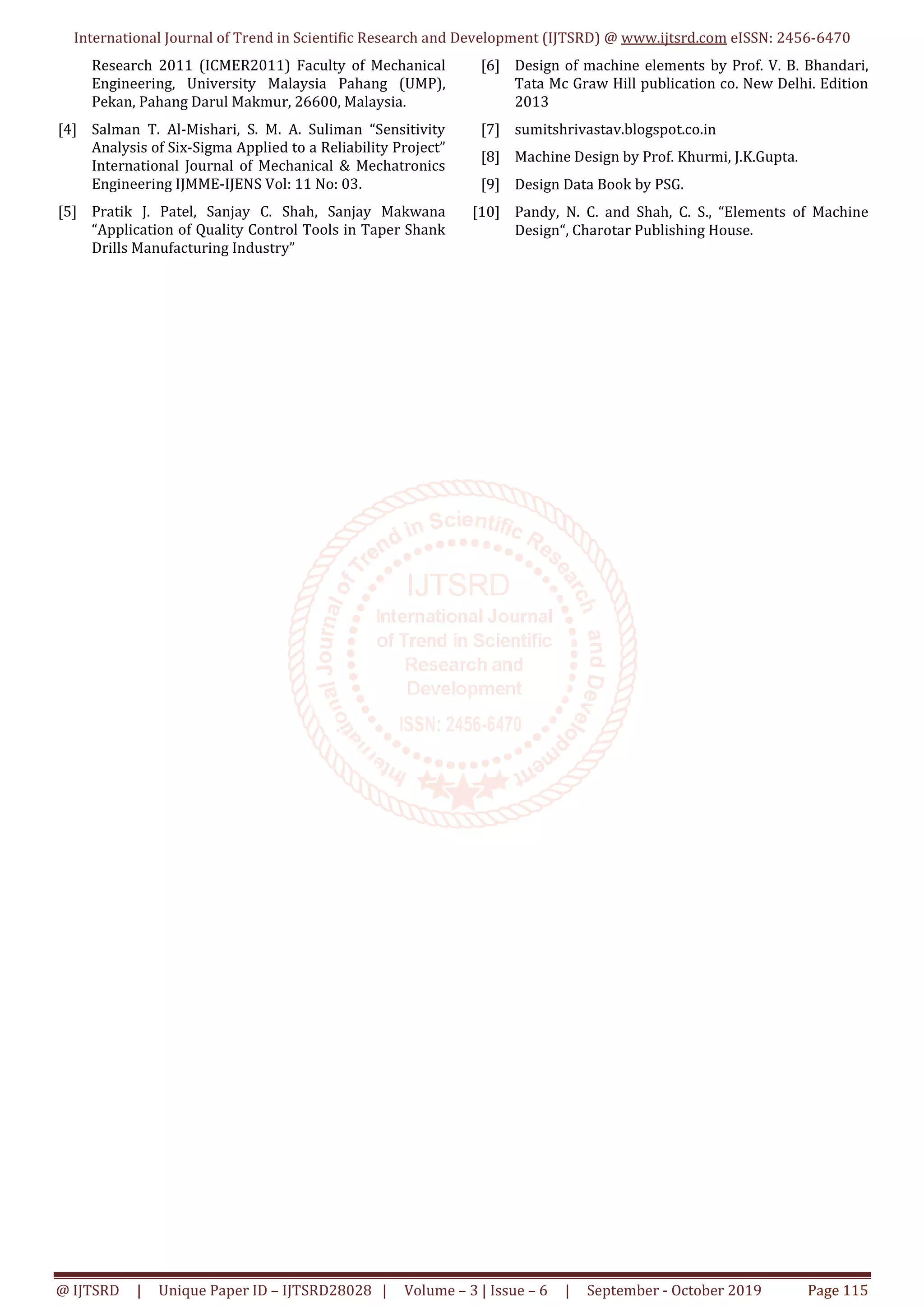 International Journal of Trend in Scientific Research and Development (IJTSRD) @ www.ijtsrd.com eISSN: 2456-6470
@ IJTSRD | Unique Paper ID – IJTSRD28028 | Volume – 3 | Issue – 6 | September - October 2019 Page 115
Research 2011 (ICMER2011) Faculty of Mechanical
Engineering, University Malaysia Pahang (UMP),
Pekan, Pahang Darul Makmur, 26600, Malaysia.
[4] Salman T. Al-Mishari, S. M. A. Suliman “Sensitivity
Analysis of Six-Sigma Applied to a Reliability Project”
International Journal of Mechanical & Mechatronics
Engineering IJMME-IJENS Vol: 11 No: 03.
[5] Pratik J. Patel, Sanjay C. Shah, Sanjay Makwana
“Application of Quality Control Tools in Taper Shank
Drills Manufacturing Industry”
[6] Design of machine elements by Prof. V. B. Bhandari,
Tata Mc Graw Hill publication co. New Delhi. Edition
2013
[7] sumitshrivastav.blogspot.co.in
[8] Machine Design by Prof. Khurmi, J.K.Gupta.
[9] Design Data Book by PSG.
[10] Pandy, N. C. and Shah, C. S., “Elements of Machine
Design“, Charotar Publishing House.
 