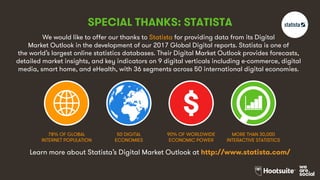 We would like to offer our thanks to Statista for providing data from its Digital
Market Outlook in the development of our 2017 Global Digital reports. Statista is one of
the world’s largest online statistics databases. Their Digital Market Outlook provides forecasts,
detailed market insights, and key indicators on 9 digital verticals including e-commerce, digital
media, smart home, and eHealth, with 36 segments across 50 international digital economies.
SPECIAL THANKS: STATISTA
78% OF GLOBAL
INTERNET POPULATION
50 DIGITAL
ECONOMIES
90% OF WORLDWIDE
ECONOMIC POWER
MORE THAN 30,000
INTERACTIVE STATISTICS
Learn more about Statista’s Digital Market Outlook at http://www.statista.com/
 