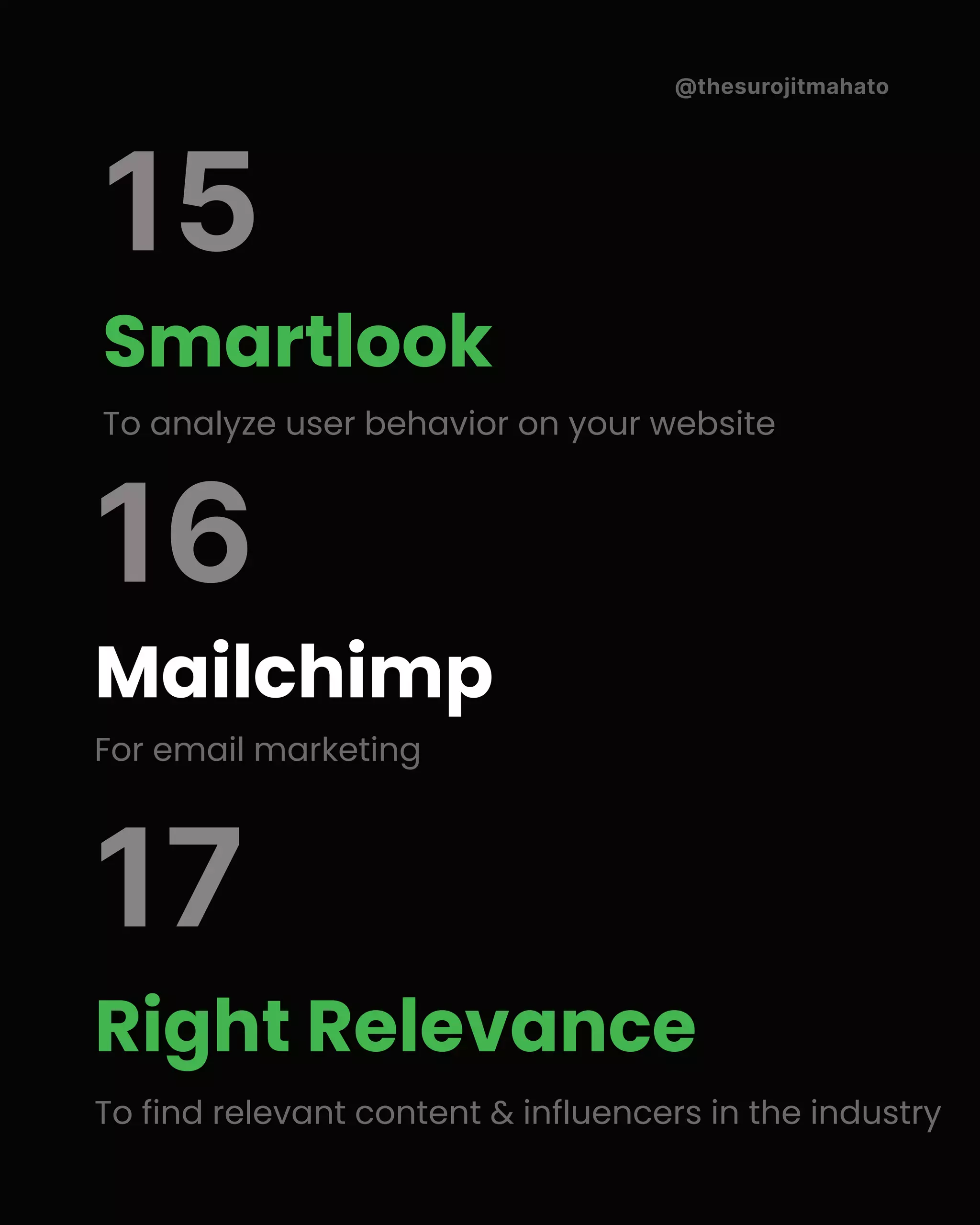 @thesurojitmahato
Smartlook
To analyze user behavior on your website
Mailchimp
For email marketing
15
16
Right Relevance
To find relevant content & influencers in the industry
17
 