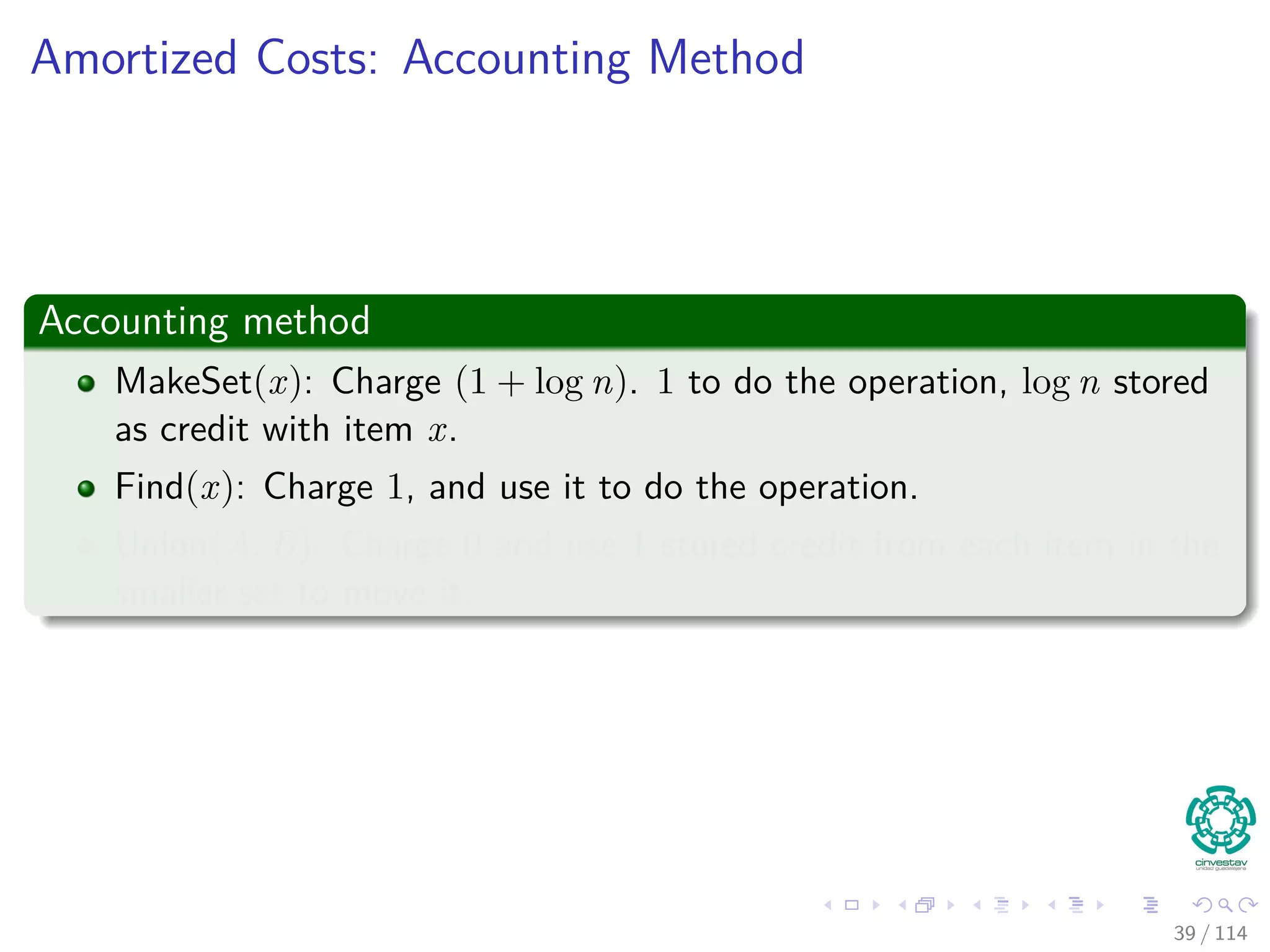 Amortized Costs: Accounting Method
Accounting method
MakeSet(x): Charge (1 + log n). 1 to do the operation, log n stored
as credit with item x.
Find(x): Charge 1, and use it to do the operation.
Union(A, B): Charge 0 and use 1 stored credit from each item in the
smaller set to move it.
39 / 114
 