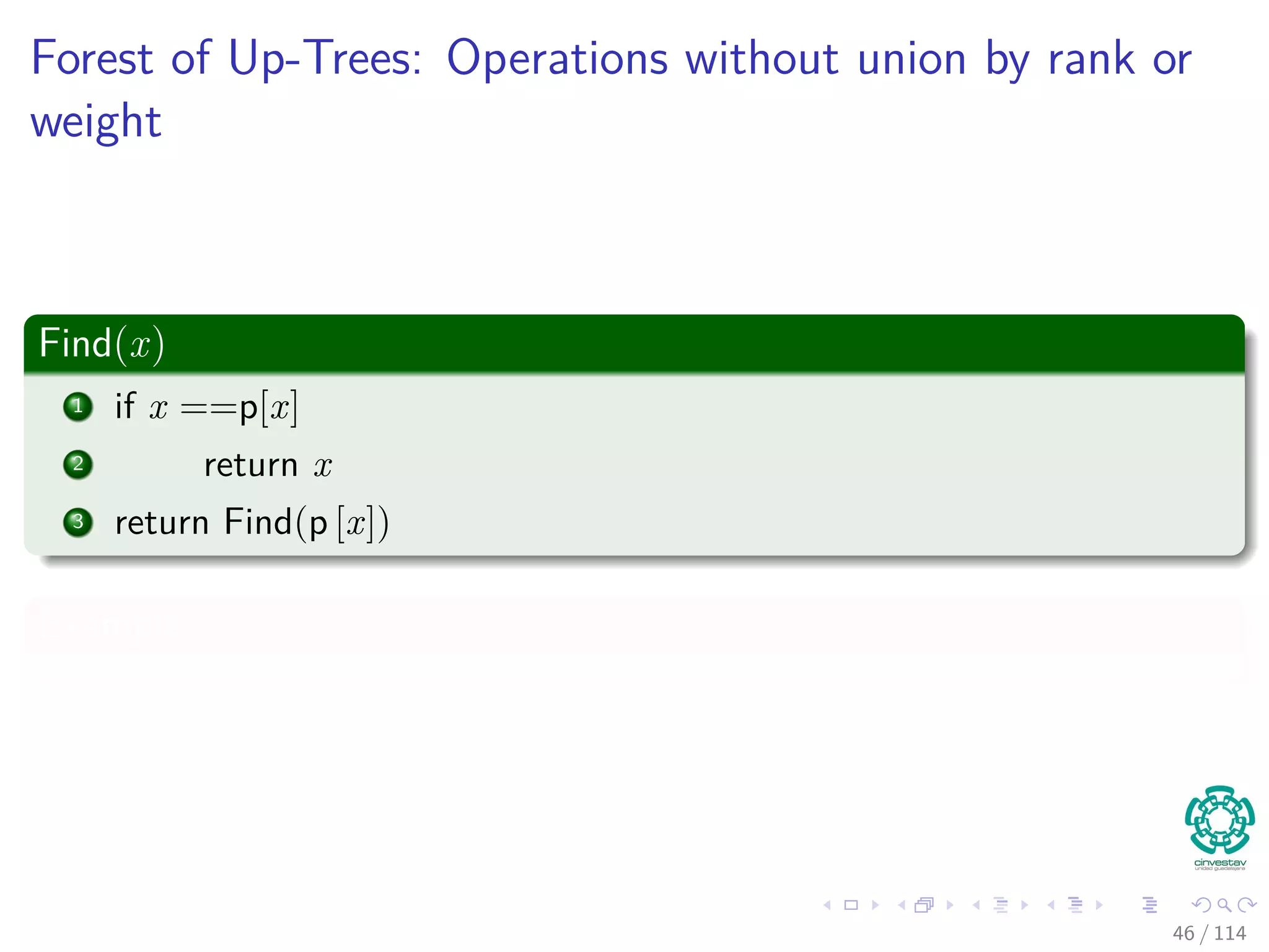 Forest of Up-Trees: Operations without union by rank or
weight
Find(x)
1 if x ==p[x]
2 return x
3 return Find(p [x])
Example
46 / 114
 