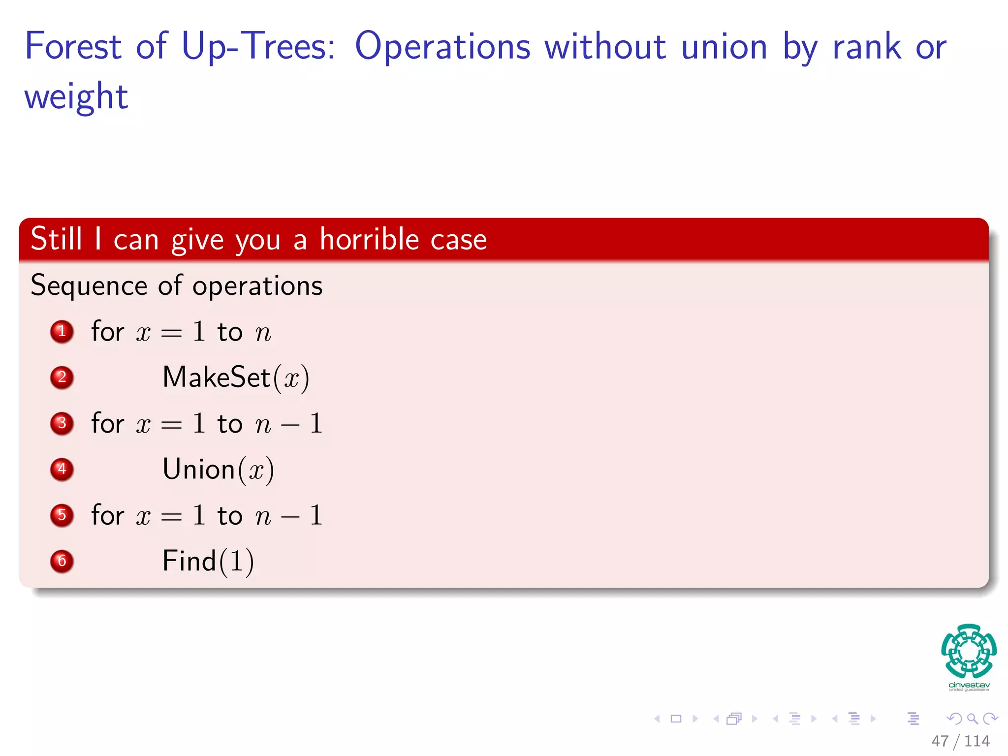 Forest of Up-Trees: Operations without union by rank or
weight
Still I can give you a horrible case
Sequence of operations
1 for x = 1 to n
2 MakeSet(x)
3 for x = 1 to n − 1
4 Union(x)
5 for x = 1 to n − 1
6 Find(1)
47 / 114
 