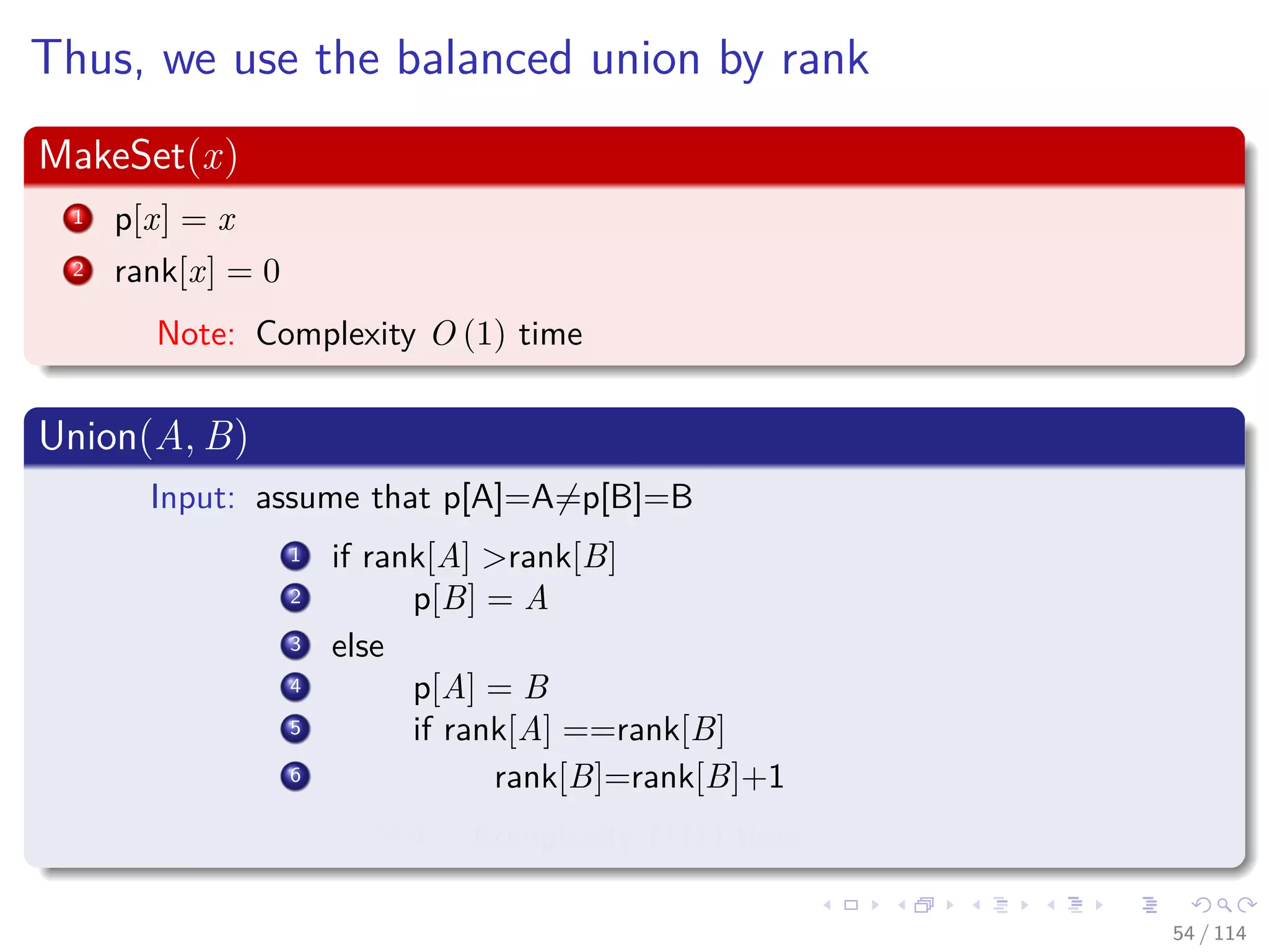 Thus, we use the balanced union by rank
MakeSet(x)
1 p[x] = x
2 rank[x] = 0
Note: Complexity O (1) time
Union(A, B)
Input: assume that p[A]=A=p[B]=B
1 if rank[A] >rank[B]
2 p[B] = A
3 else
4 p[A] = B
5 if rank[A] ==rank[B]
6 rank[B]=rank[B]+1
Note: Complexity O (1) time
54 / 114
 