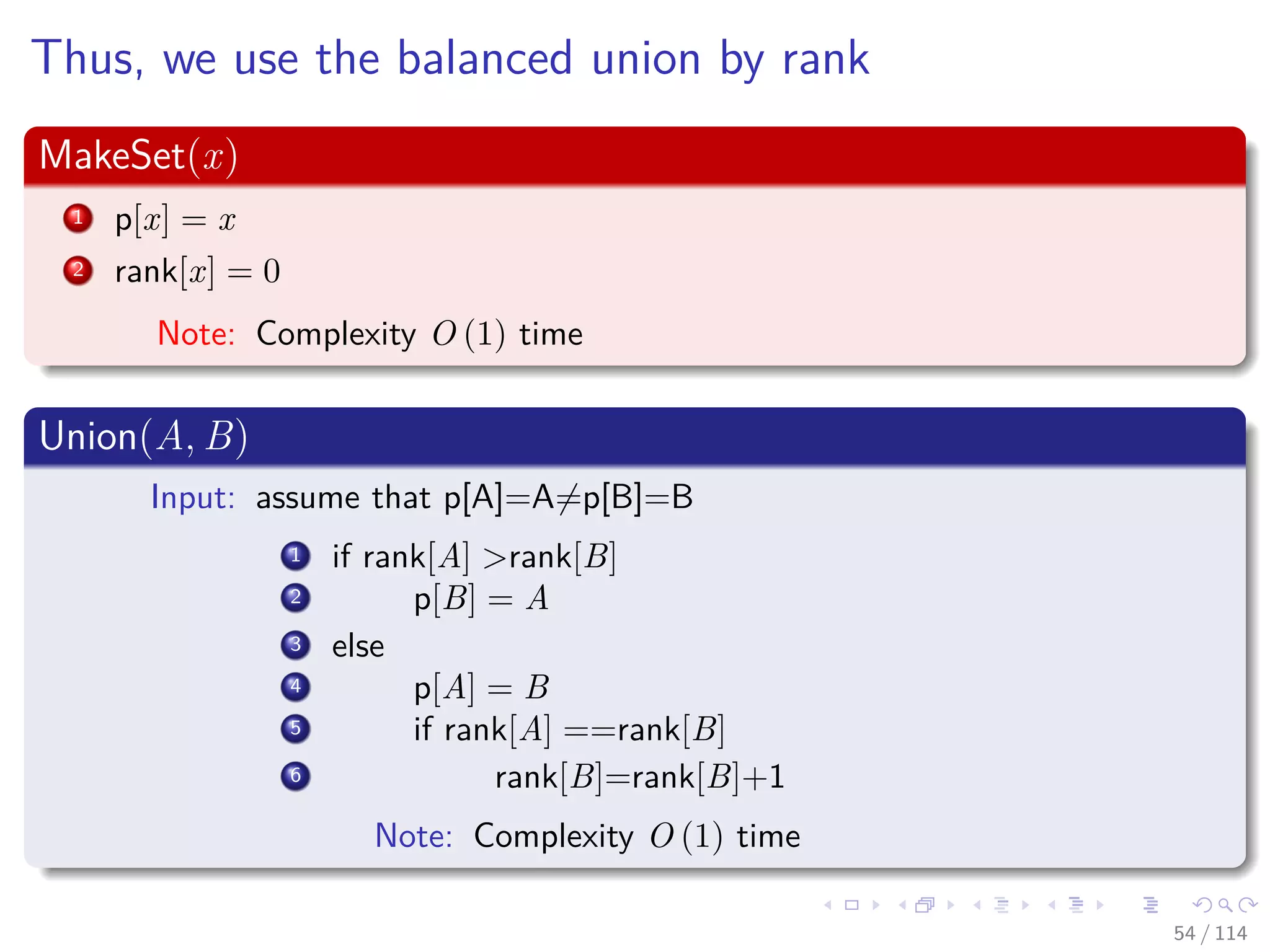 Thus, we use the balanced union by rank
MakeSet(x)
1 p[x] = x
2 rank[x] = 0
Note: Complexity O (1) time
Union(A, B)
Input: assume that p[A]=A=p[B]=B
1 if rank[A] >rank[B]
2 p[B] = A
3 else
4 p[A] = B
5 if rank[A] ==rank[B]
6 rank[B]=rank[B]+1
Note: Complexity O (1) time
54 / 114
 