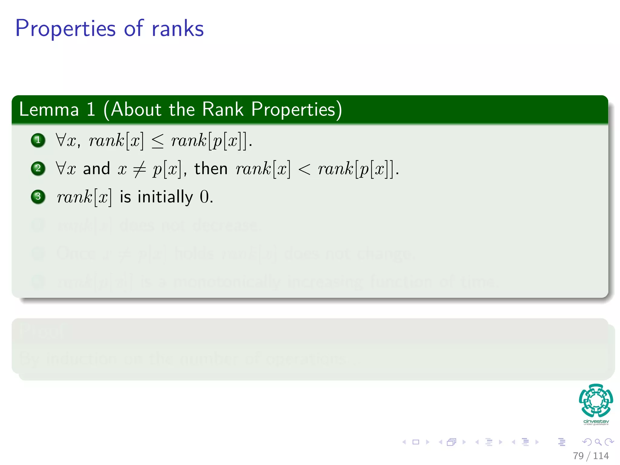 Properties of ranks
Lemma 1 (About the Rank Properties)
1 ∀x, rank[x] ≤ rank[p[x]].
2 ∀x and x = p[x], then rank[x] < rank[p[x]].
3 rank[x] is initially 0.
4 rank[x] does not decrease.
5 Once x = p[x] holds rank[x] does not change.
6 rank[p[x]] is a monotonically increasing function of time.
Proof
By induction on the number of operations...
79 / 114
 