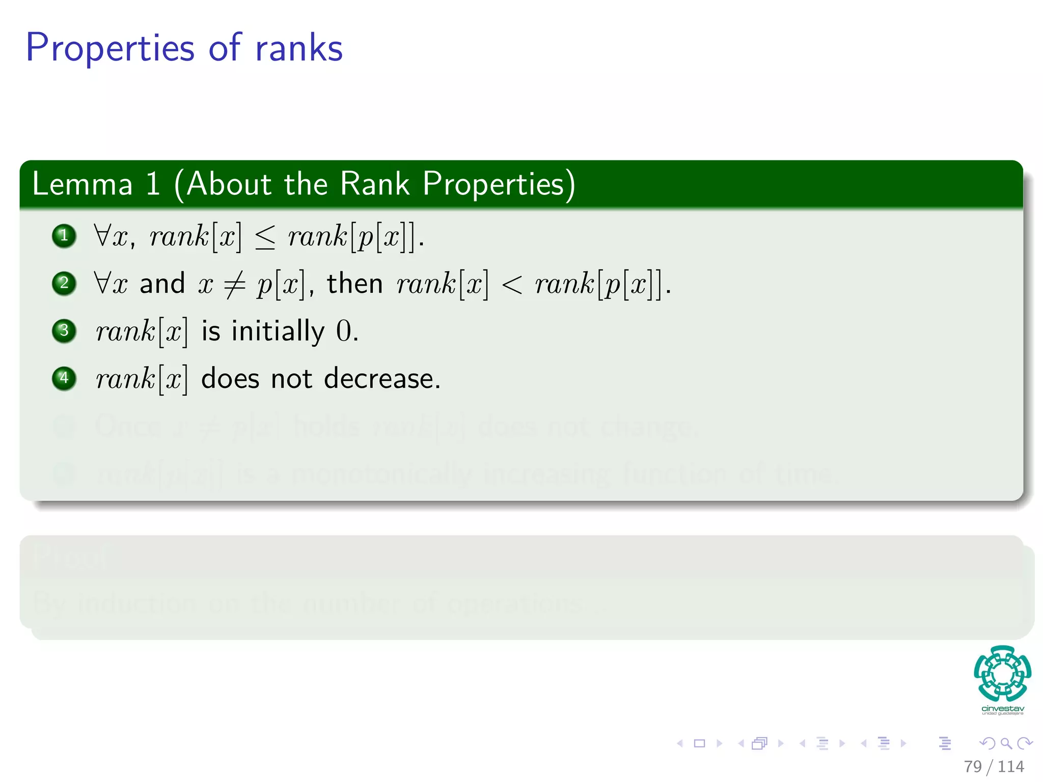 Properties of ranks
Lemma 1 (About the Rank Properties)
1 ∀x, rank[x] ≤ rank[p[x]].
2 ∀x and x = p[x], then rank[x] < rank[p[x]].
3 rank[x] is initially 0.
4 rank[x] does not decrease.
5 Once x = p[x] holds rank[x] does not change.
6 rank[p[x]] is a monotonically increasing function of time.
Proof
By induction on the number of operations...
79 / 114
 
