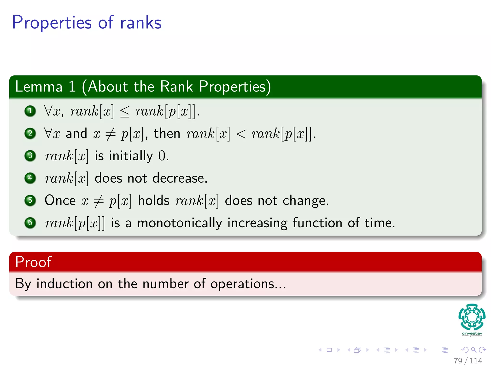 Properties of ranks
Lemma 1 (About the Rank Properties)
1 ∀x, rank[x] ≤ rank[p[x]].
2 ∀x and x = p[x], then rank[x] < rank[p[x]].
3 rank[x] is initially 0.
4 rank[x] does not decrease.
5 Once x = p[x] holds rank[x] does not change.
6 rank[p[x]] is a monotonically increasing function of time.
Proof
By induction on the number of operations...
79 / 114
 