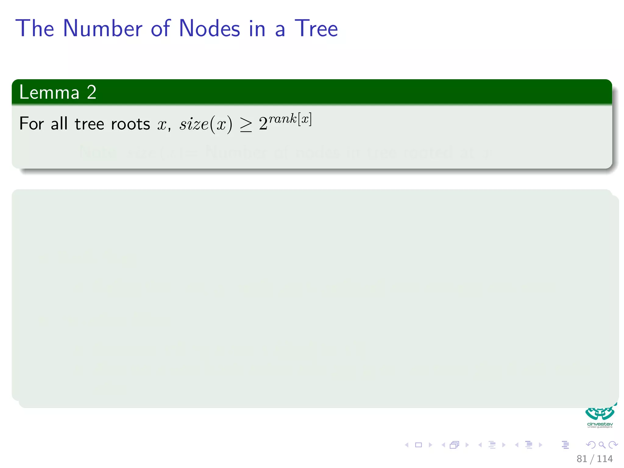 The Number of Nodes in a Tree
Lemma 2
For all tree roots x, size(x) ≥ 2rank[x]
Note size (x)= Number of nodes in tree rooted at x
Proof
By induction on the number of link operations:
Basis Step
Before ﬁrst link, all ranks are 0 and each tree contains one node.
Inductive Step
Consider linking x and y (Link (x, y))
Assume lemma holds before this operation; we show that it will holds
after.
81 / 114
 