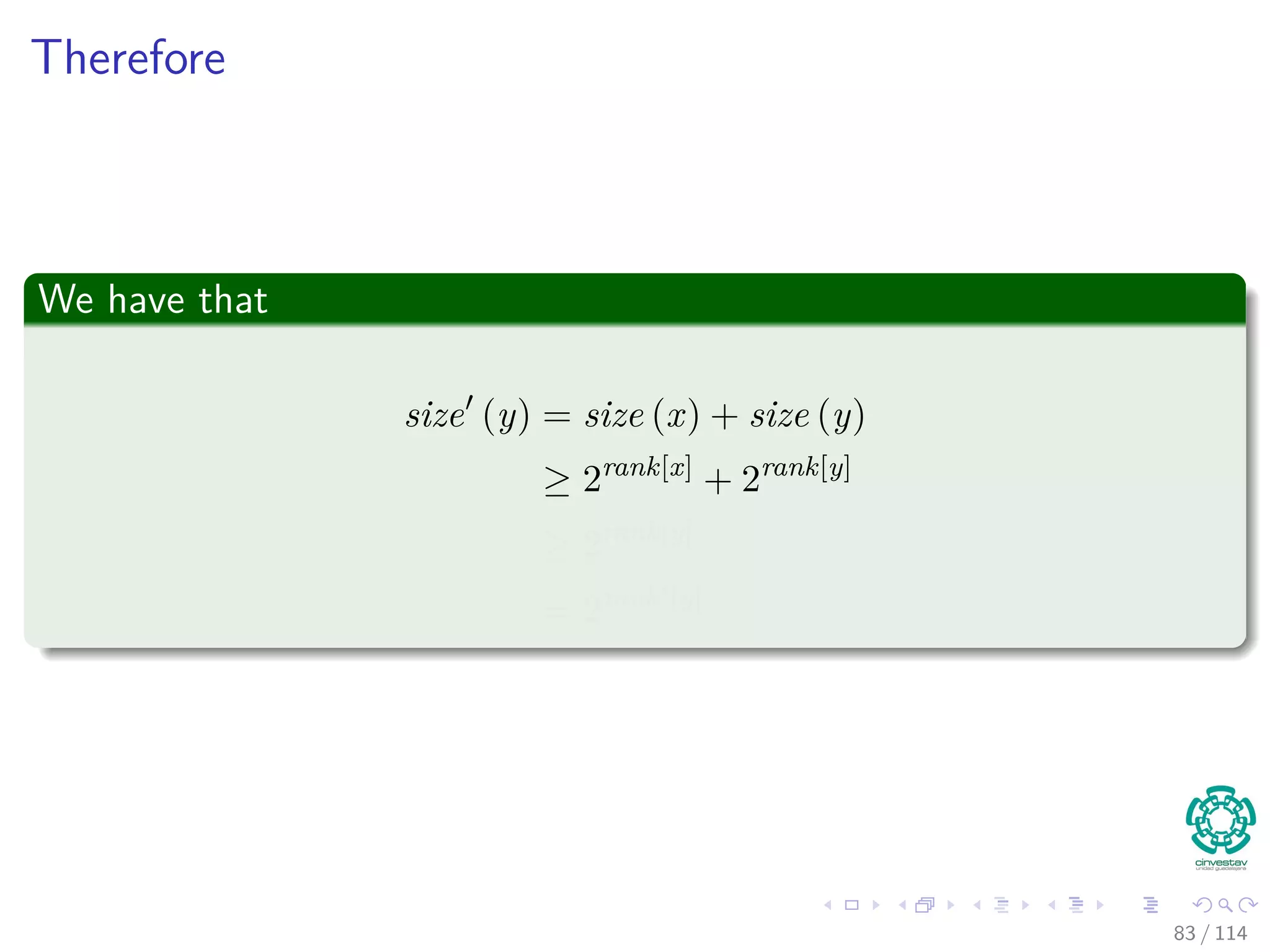 Therefore
We have that
size (y) = size (x) + size (y)
≥ 2rank[x]
+ 2rank[y]
≥ 2rank[y]
= 2rank [y]
83 / 114
 