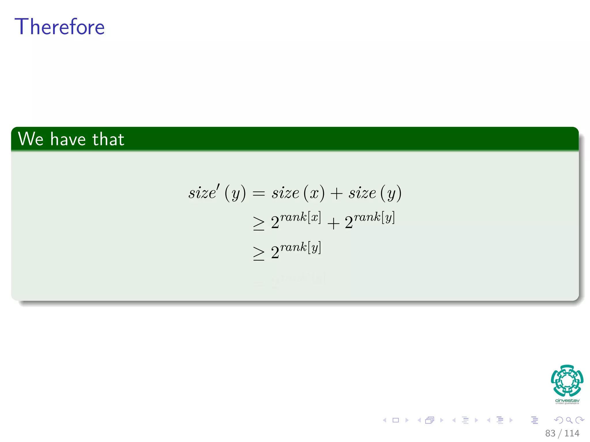 Therefore
We have that
size (y) = size (x) + size (y)
≥ 2rank[x]
+ 2rank[y]
≥ 2rank[y]
= 2rank [y]
83 / 114
 