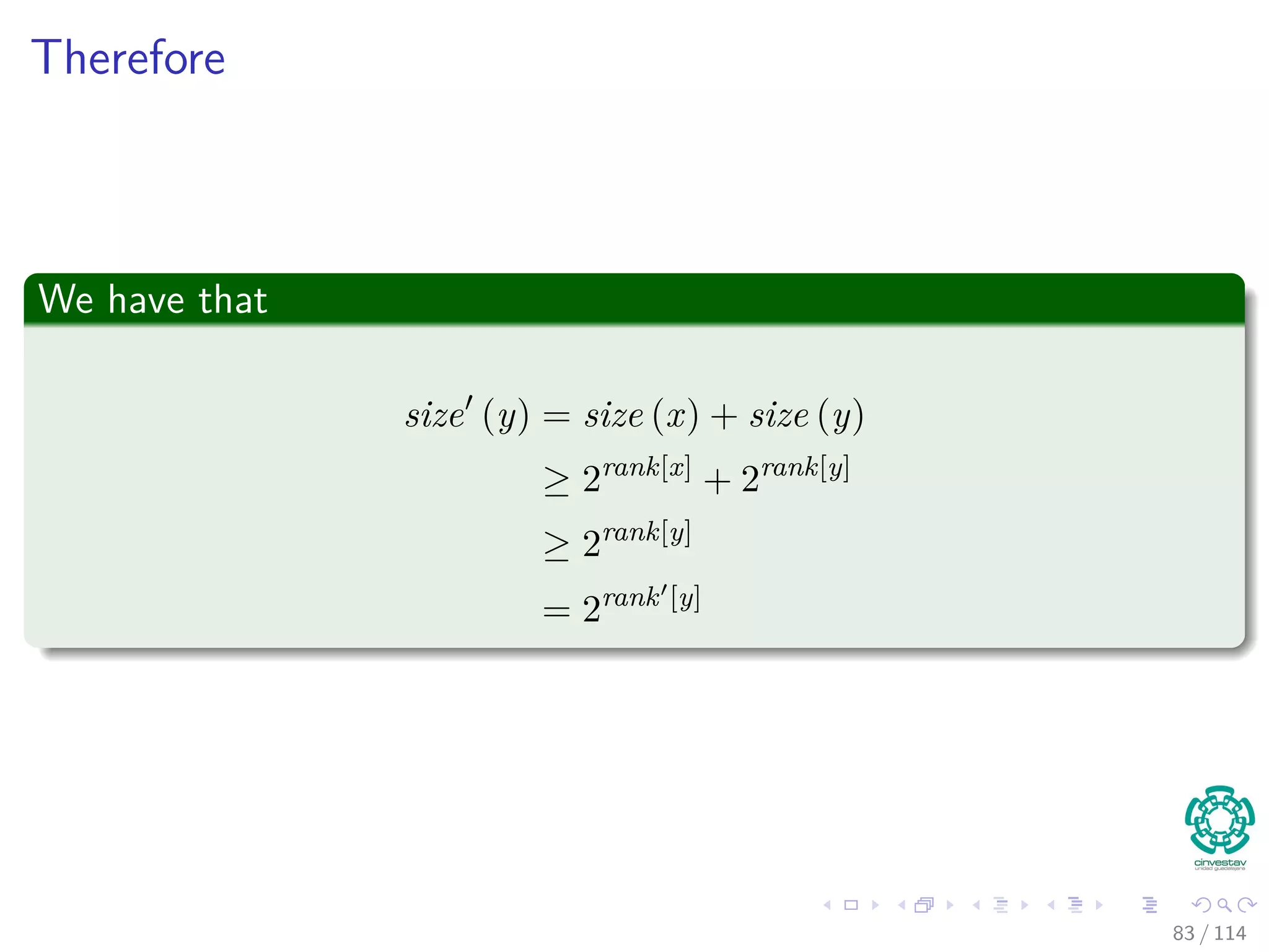 Therefore
We have that
size (y) = size (x) + size (y)
≥ 2rank[x]
+ 2rank[y]
≥ 2rank[y]
= 2rank [y]
83 / 114
 