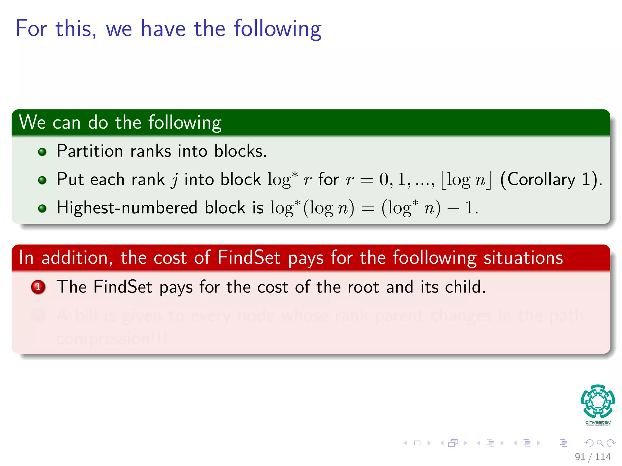 For this, we have the following
We can do the following
Partition ranks into blocks.
Put each rank j into block log∗
r for r = 0, 1, ..., log n (Corollary 1).
Highest-numbered block is log∗
(log n) = (log∗
n) − 1.
In addition, the cost of FindSet pays for the foollowing situations
1 The FindSet pays for the cost of the root and its child.
2 A bill is given to every node whose rank parent changes in the path
compression!!!
91 / 114
 