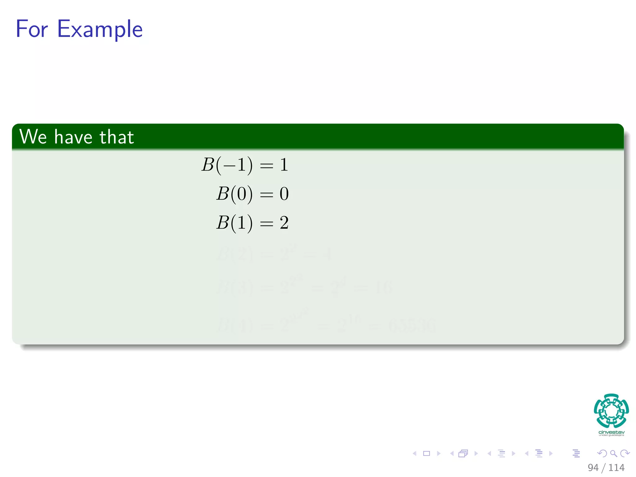 For Example
We have that
B(−1) = 1
B(0) = 0
B(1) = 2
B(2) = 22
= 4
B(3) = 222
= 24
= 16
B(4) = 2222
= 216
= 65536
94 / 114
 