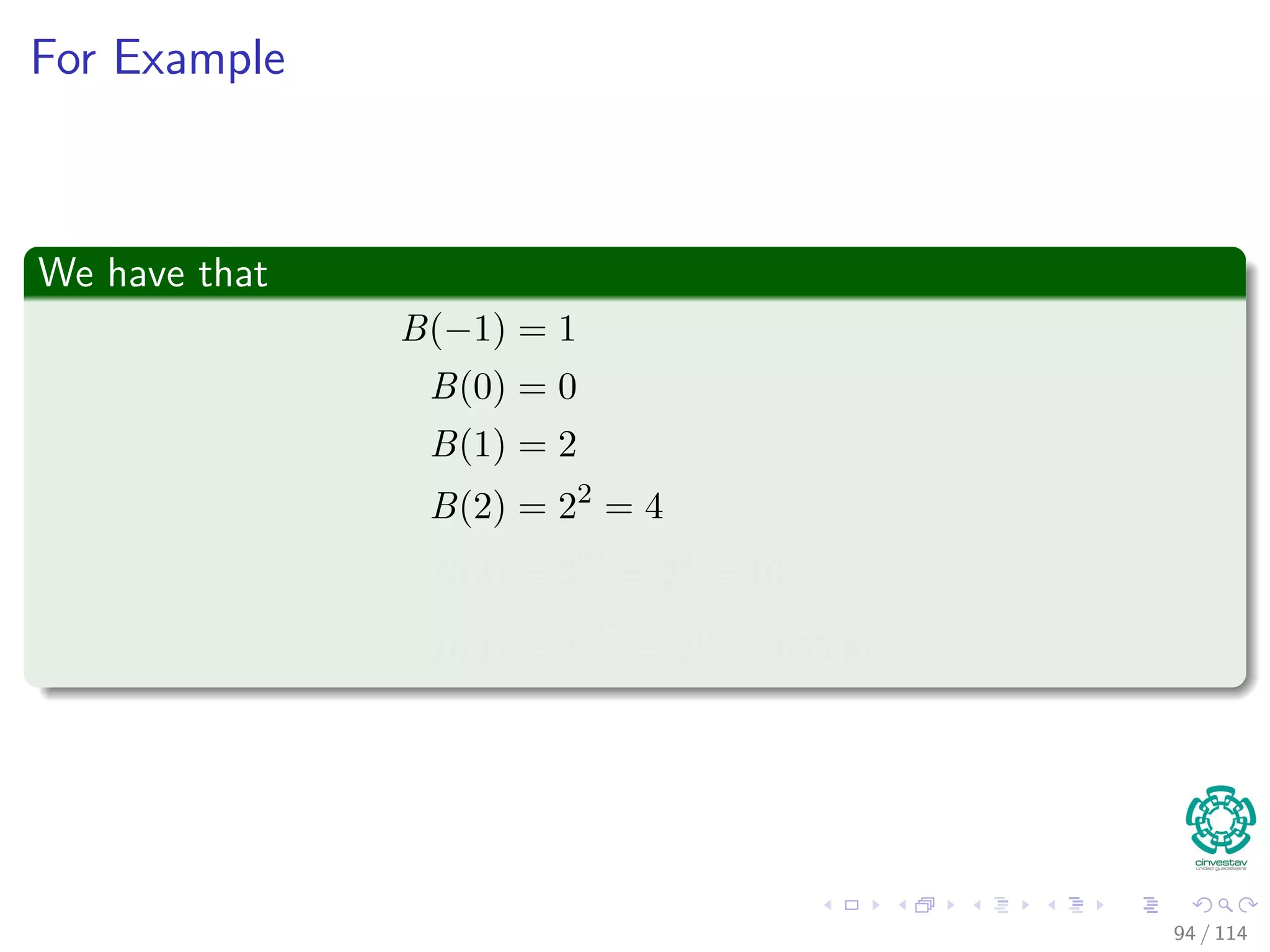 For Example
We have that
B(−1) = 1
B(0) = 0
B(1) = 2
B(2) = 22
= 4
B(3) = 222
= 24
= 16
B(4) = 2222
= 216
= 65536
94 / 114
 