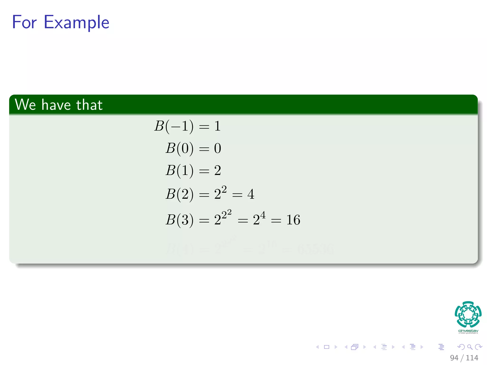 For Example
We have that
B(−1) = 1
B(0) = 0
B(1) = 2
B(2) = 22
= 4
B(3) = 222
= 24
= 16
B(4) = 2222
= 216
= 65536
94 / 114
 