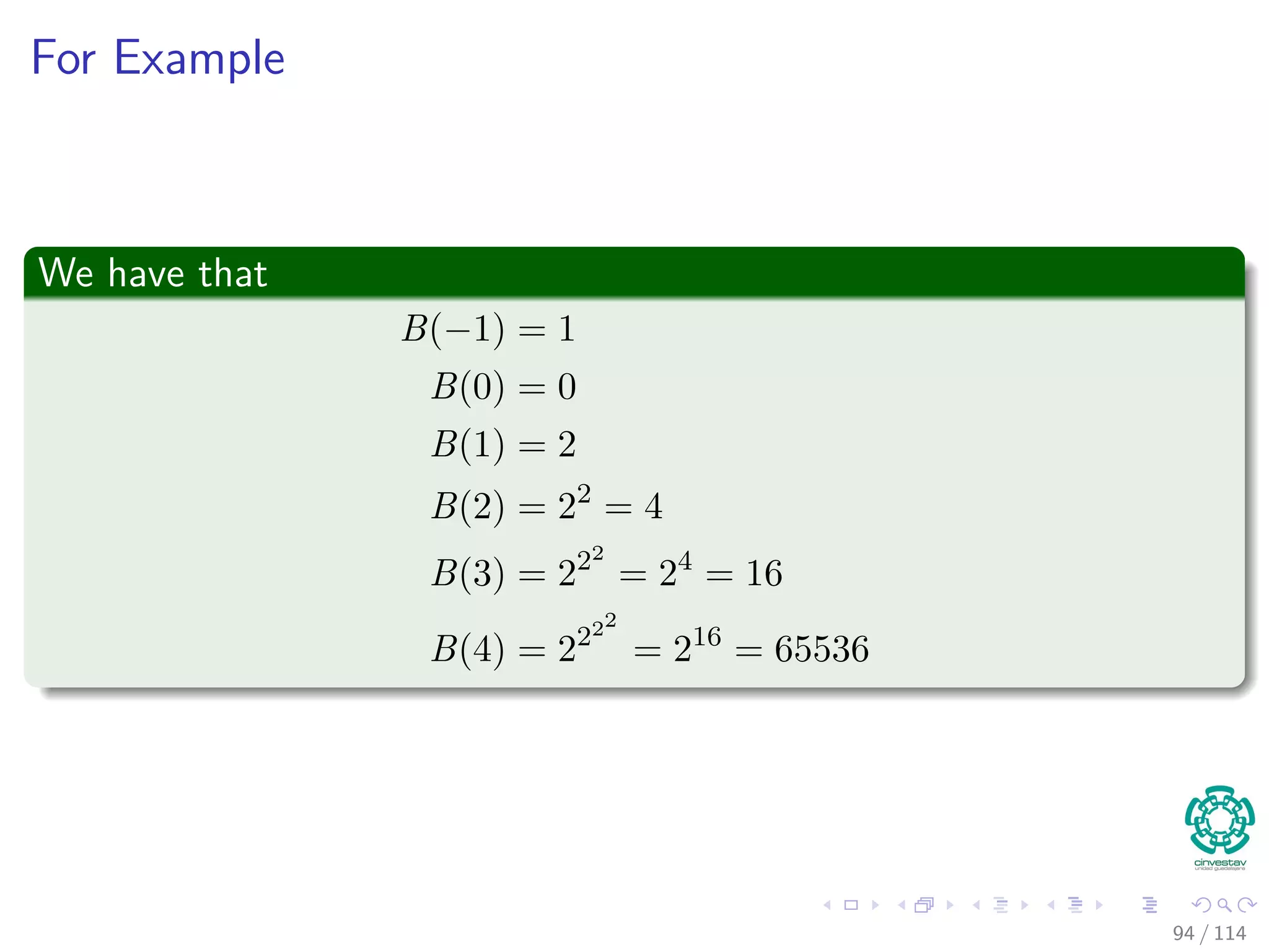 For Example
We have that
B(−1) = 1
B(0) = 0
B(1) = 2
B(2) = 22
= 4
B(3) = 222
= 24
= 16
B(4) = 2222
= 216
= 65536
94 / 114
 