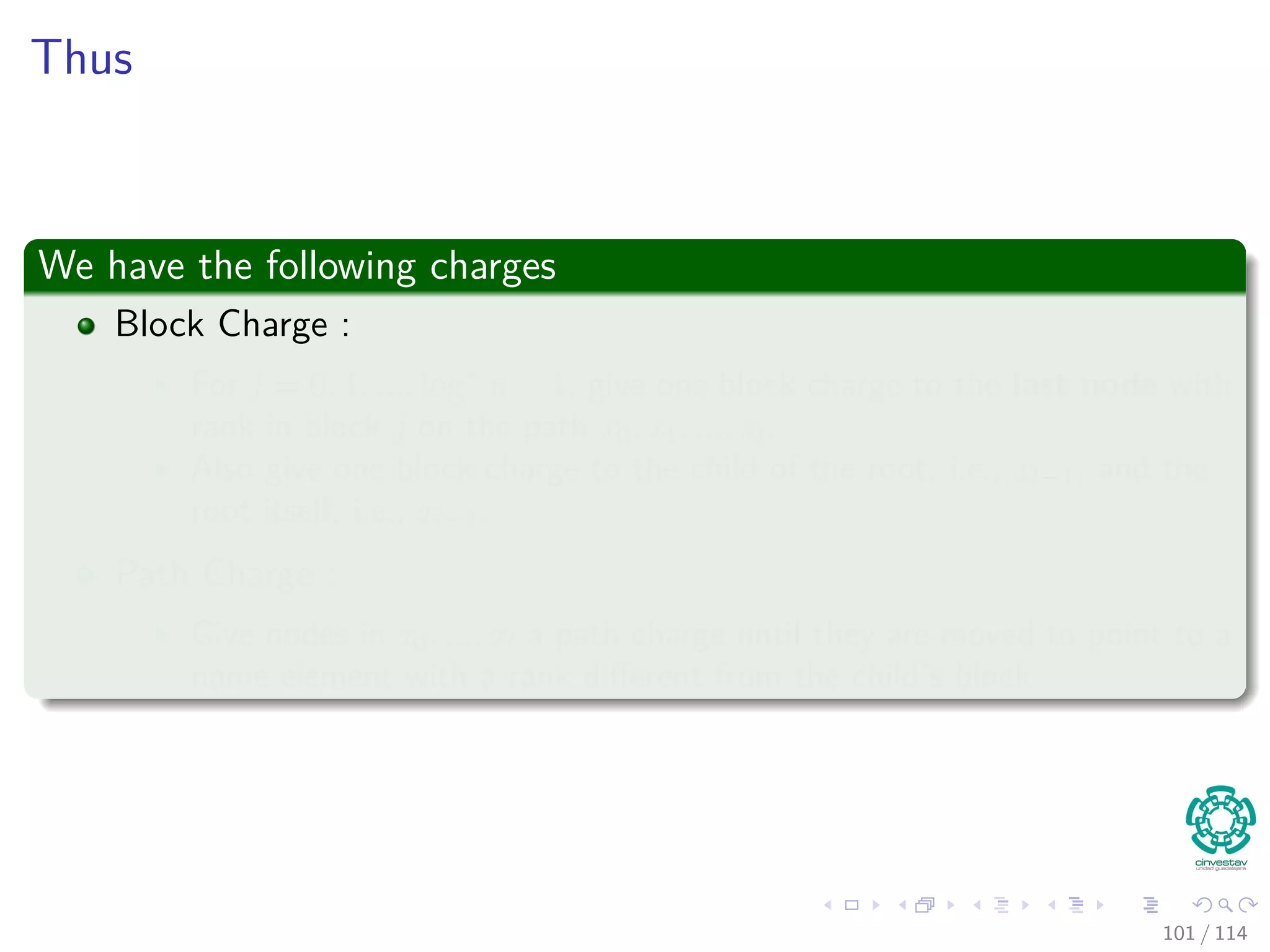 Thus
We have the following charges
Block Charge :
For j = 0, 1, ..., log∗
n − 1, give one block charge to the last node with
rank in block j on the path x0, x1, ..., xl.
Also give one block charge to the child of the root, i.e., xl−1, and the
root itself, i.e., xl−1.
Path Charge :
Give nodes in x0, ..., xl a path charge until they are moved to point to a
name element with a rank diﬀerent from the child’s block
101 / 114
 