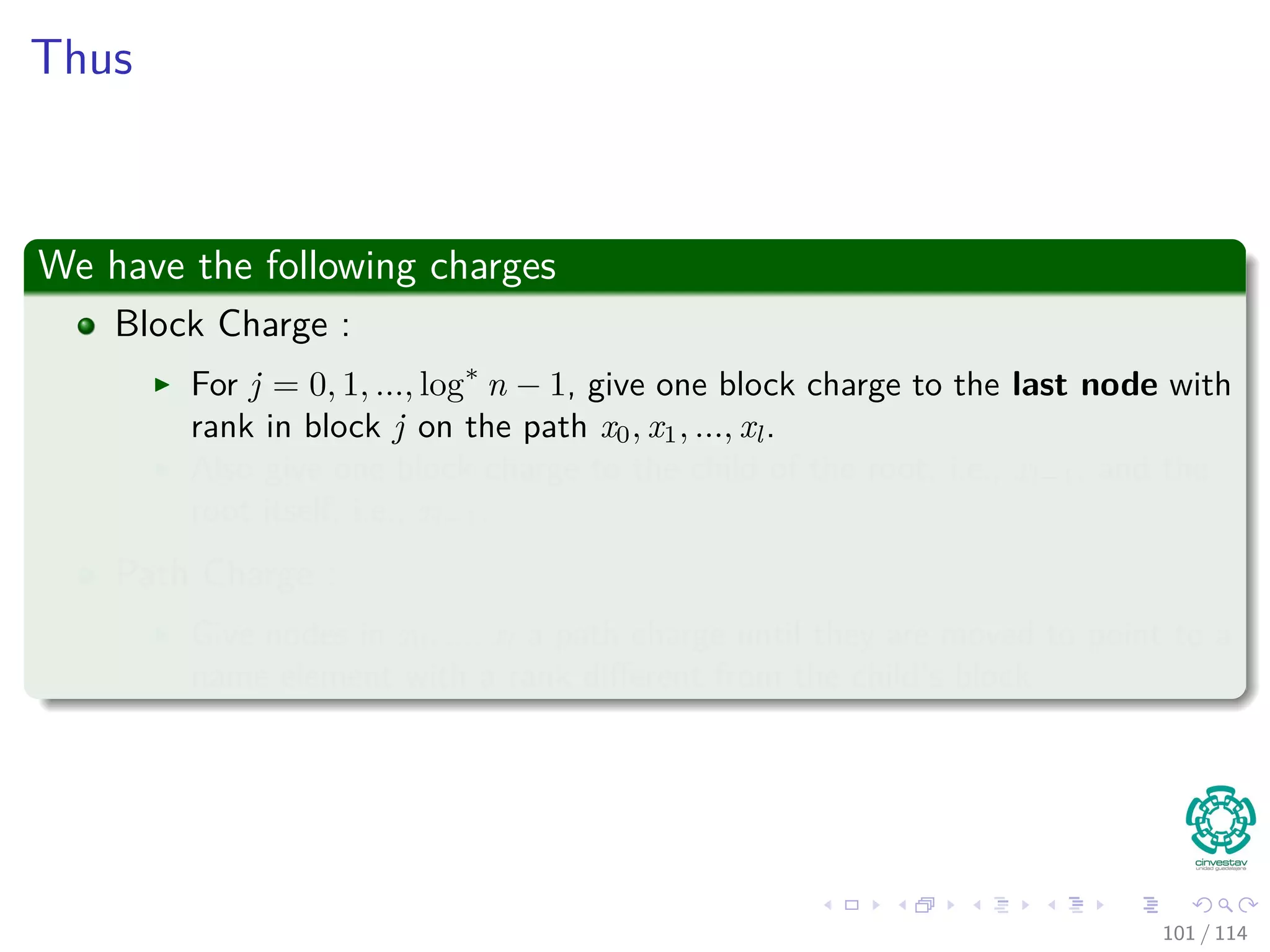 Thus
We have the following charges
Block Charge :
For j = 0, 1, ..., log∗
n − 1, give one block charge to the last node with
rank in block j on the path x0, x1, ..., xl.
Also give one block charge to the child of the root, i.e., xl−1, and the
root itself, i.e., xl−1.
Path Charge :
Give nodes in x0, ..., xl a path charge until they are moved to point to a
name element with a rank diﬀerent from the child’s block
101 / 114
 