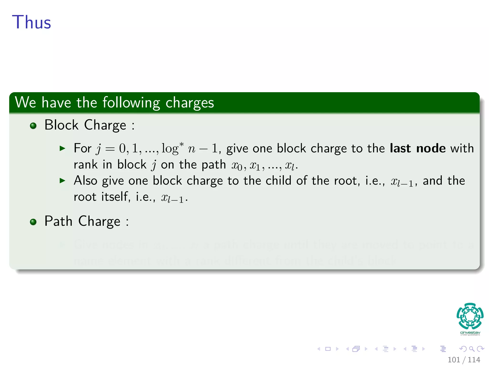 Thus
We have the following charges
Block Charge :
For j = 0, 1, ..., log∗
n − 1, give one block charge to the last node with
rank in block j on the path x0, x1, ..., xl.
Also give one block charge to the child of the root, i.e., xl−1, and the
root itself, i.e., xl−1.
Path Charge :
Give nodes in x0, ..., xl a path charge until they are moved to point to a
name element with a rank diﬀerent from the child’s block
101 / 114
 